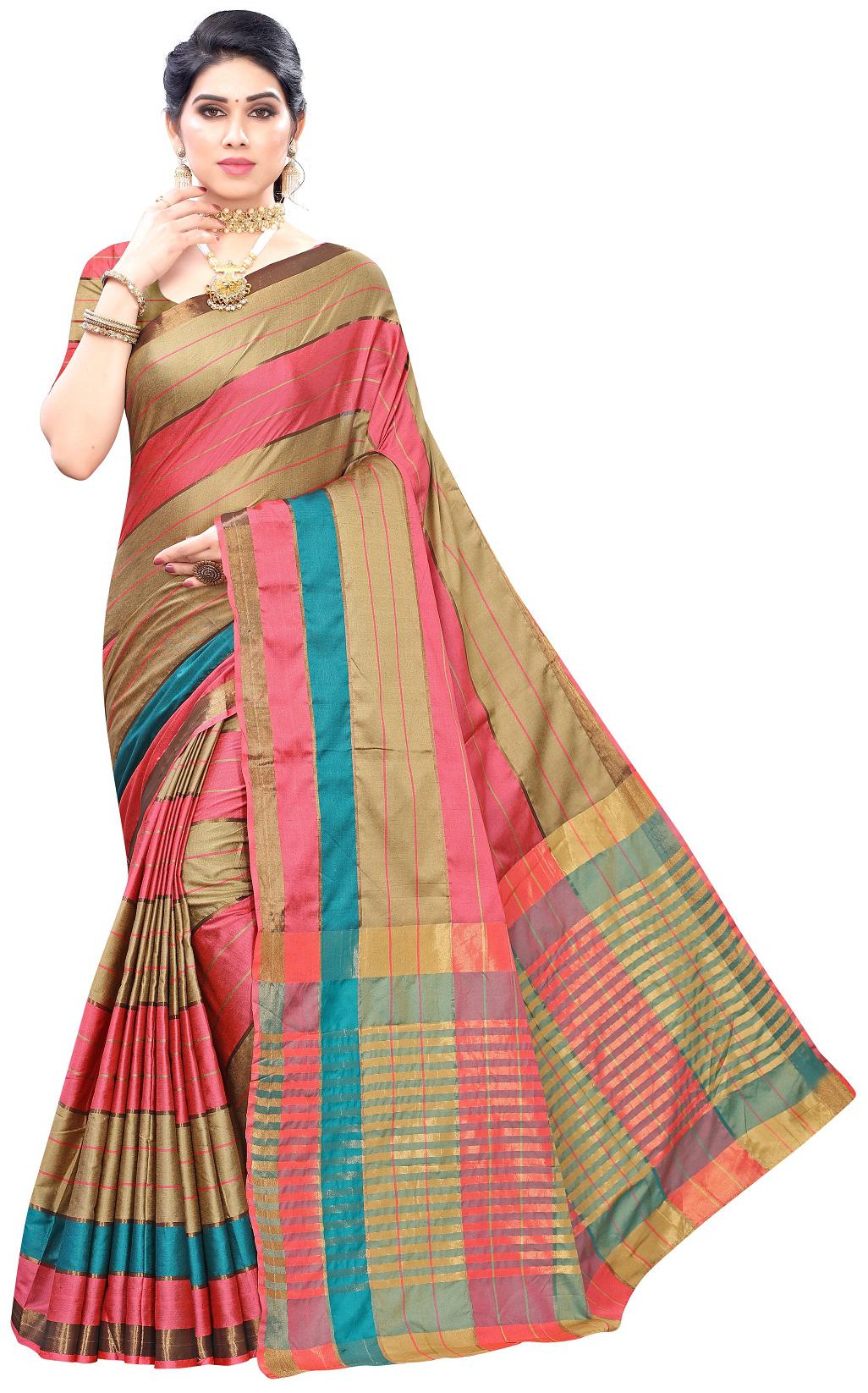 

A V Sarees Cotton Blend Striped Multi Color Saree with Unstitched Blouse