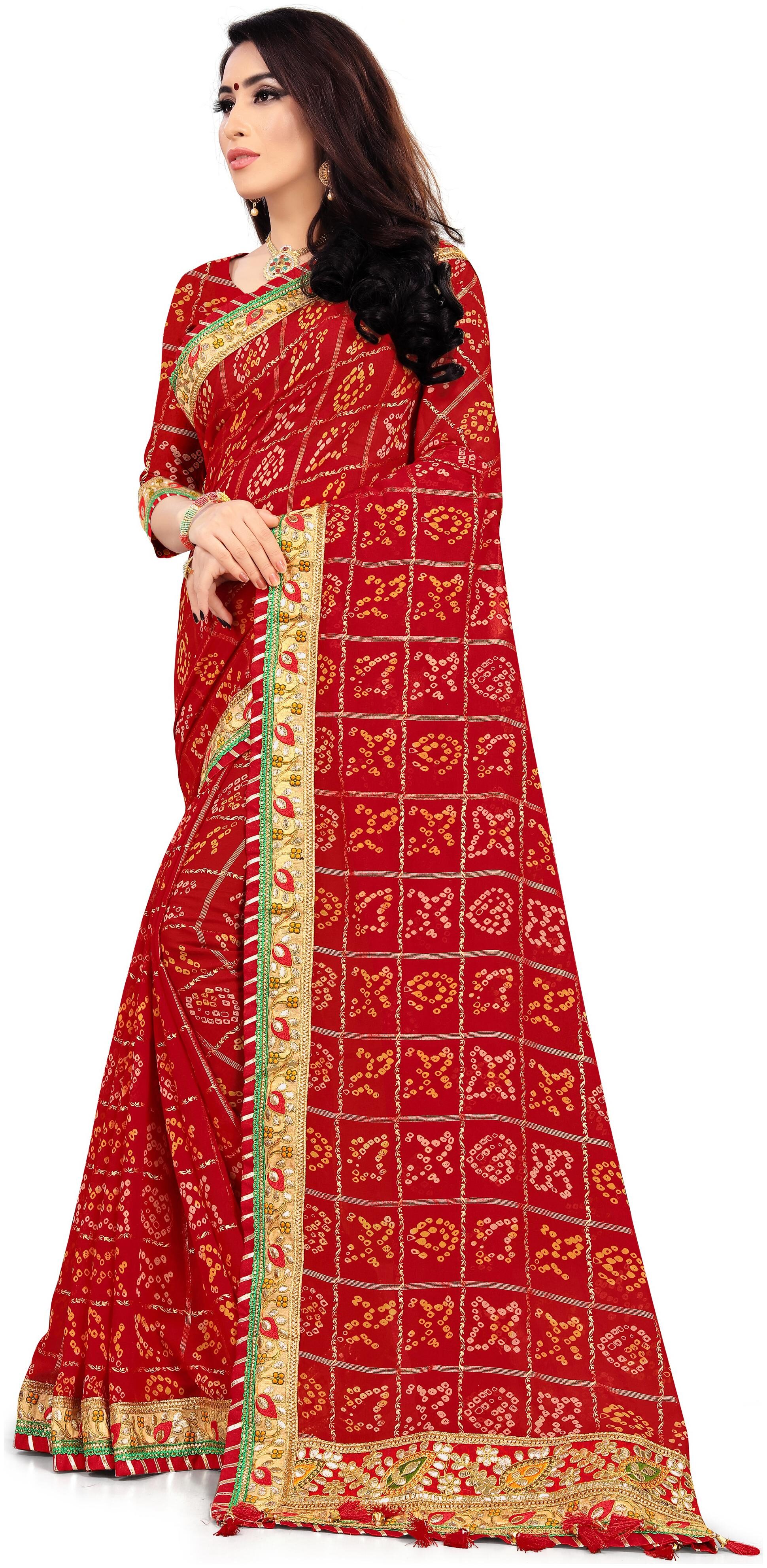 

Aadyaa Creation Embroidery Bandhej Mejor Georgette Saree With Blouse