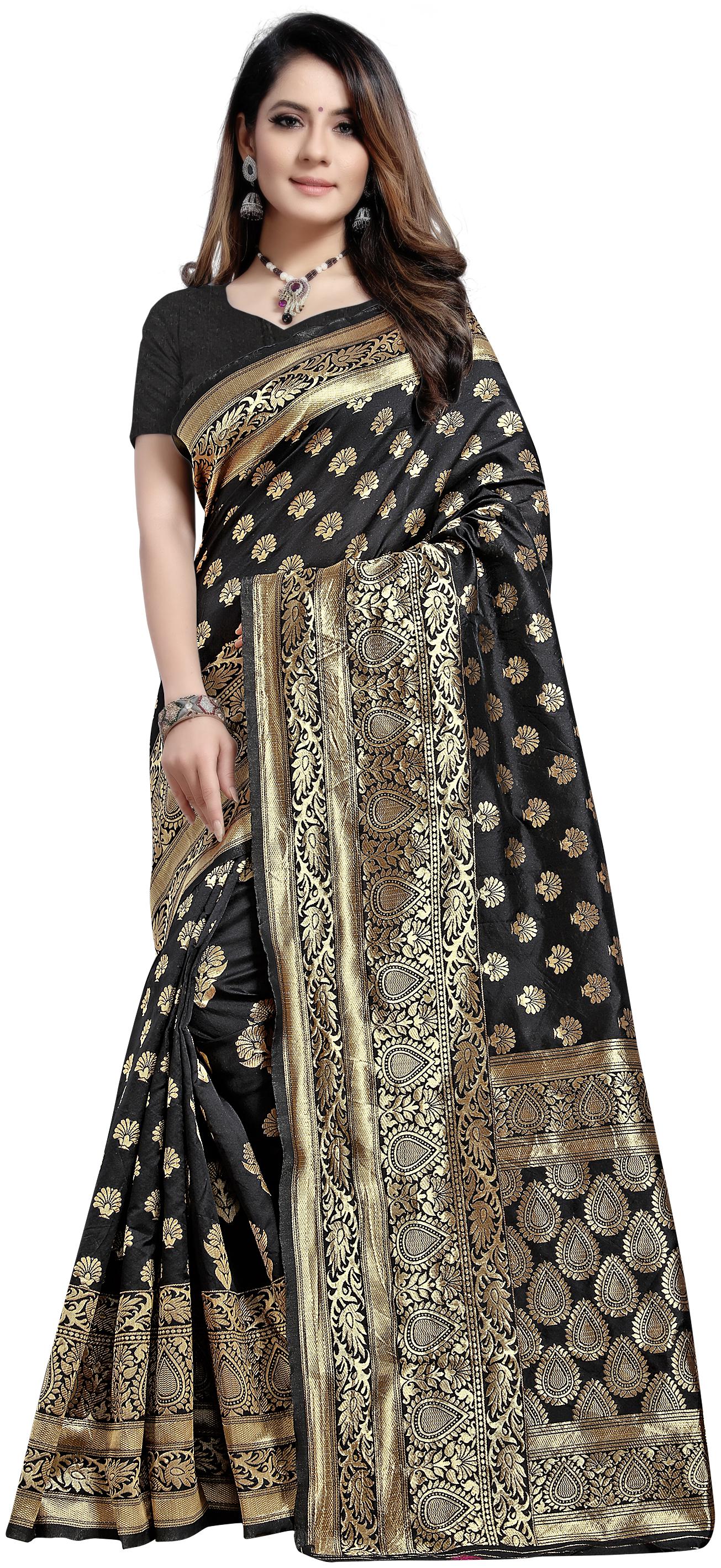 

Aadyaa Creation Women Artificial Silk Woven Black Saree With Blouse
