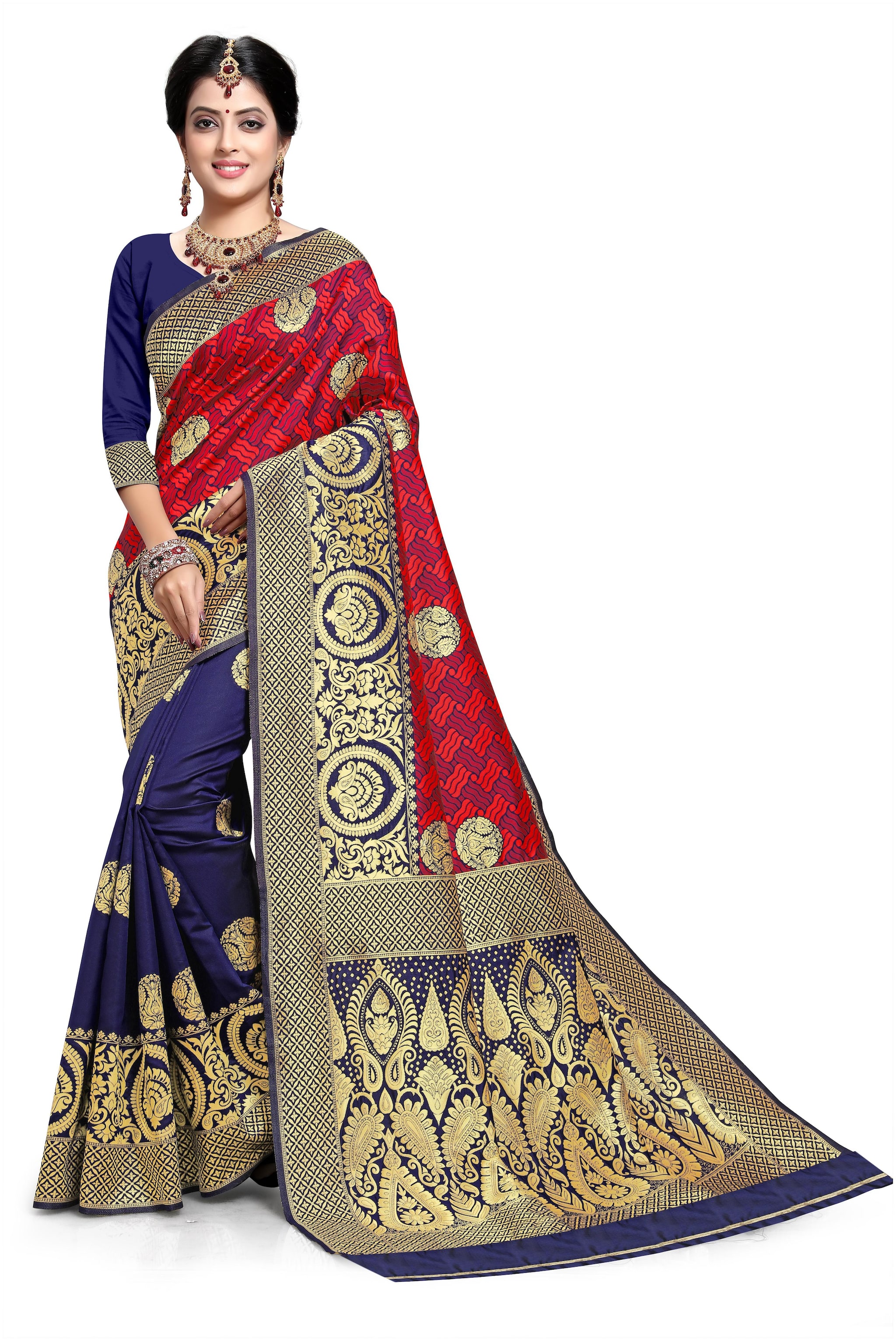 

Aadyaa Creation Women Artificial Silk Woven Saree Red Blue