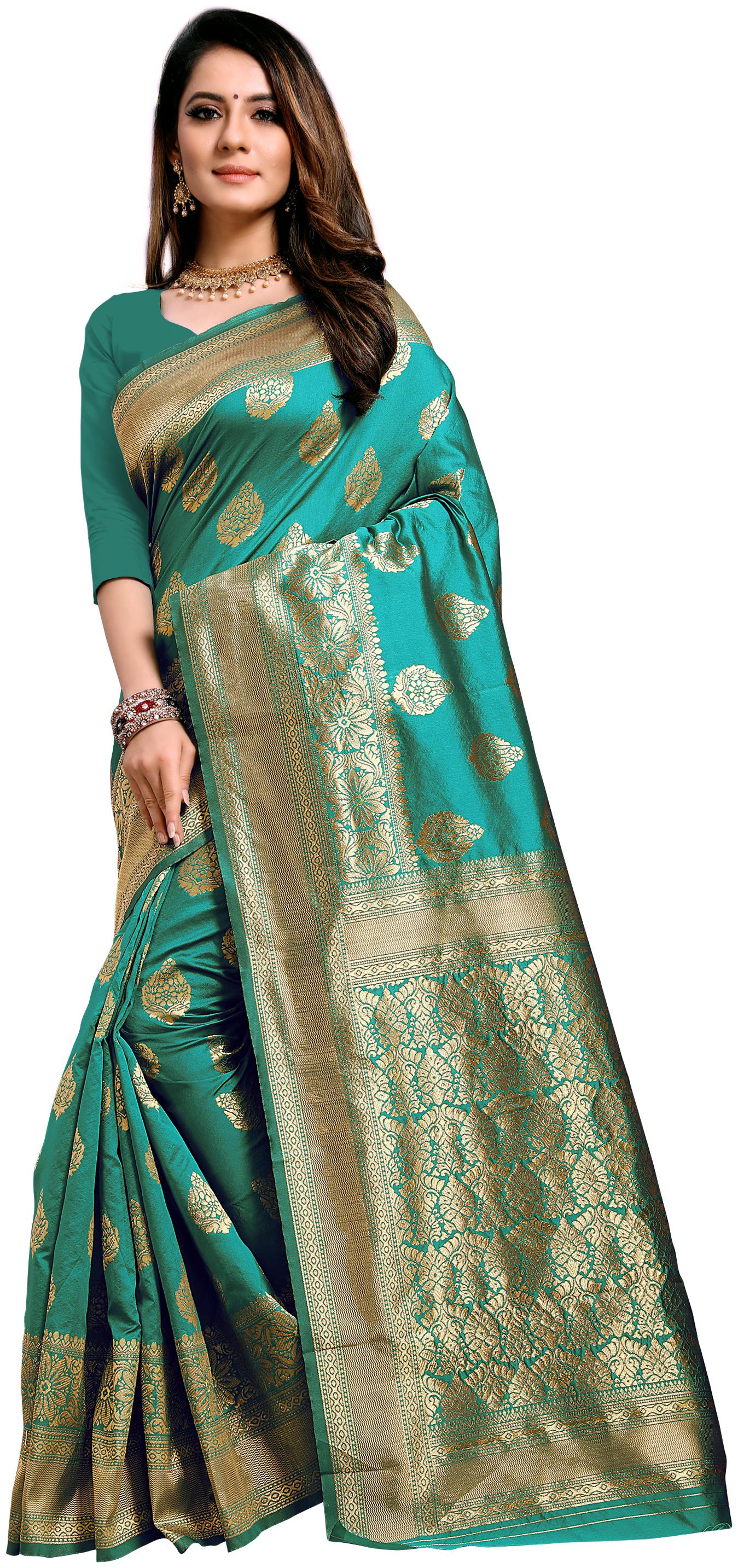 

Aadyaa Creation Women Artificial Silk Woven Turquoise Saree With Blouse