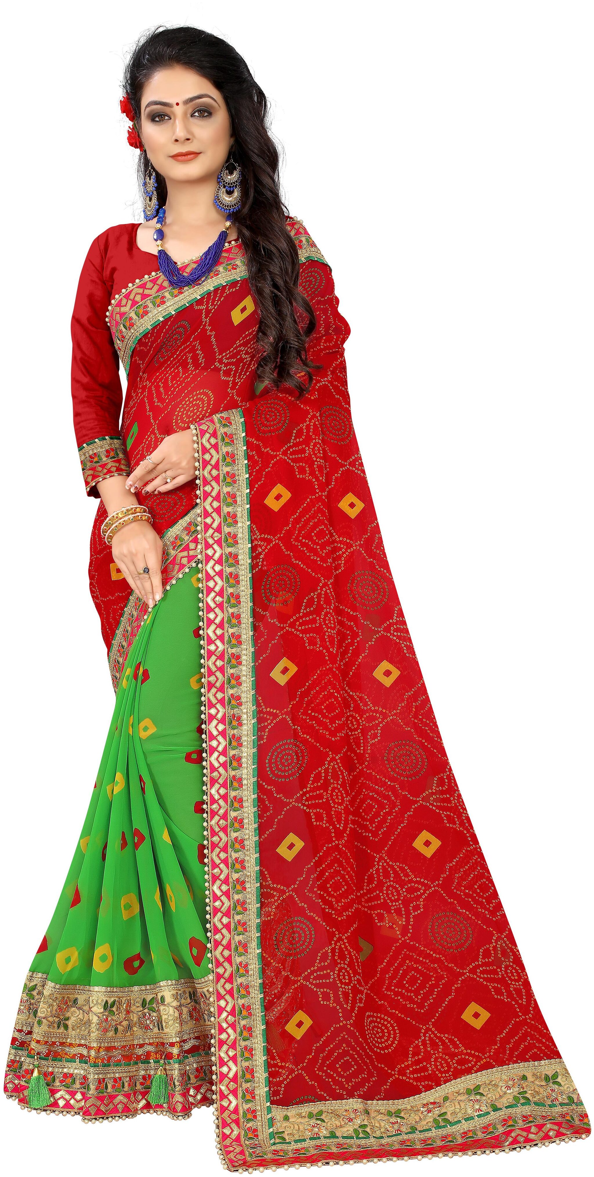 

Aadyaa Creation Embroidery Bandhej Mejor Georgette Saree With Blouse