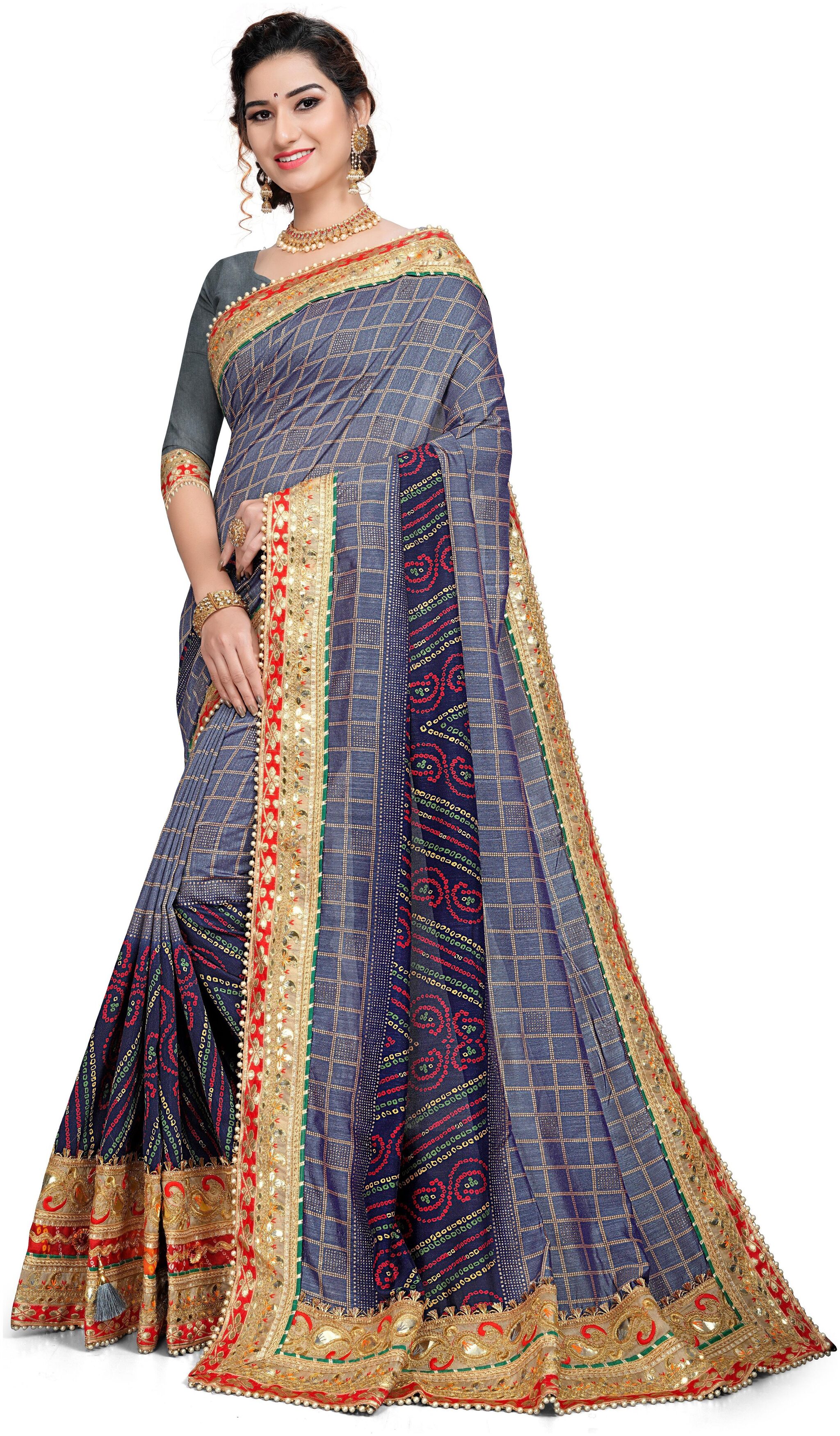 

Aadyaa Creation Embroidery Bandhej Vichitra Silk Saree With Blouse