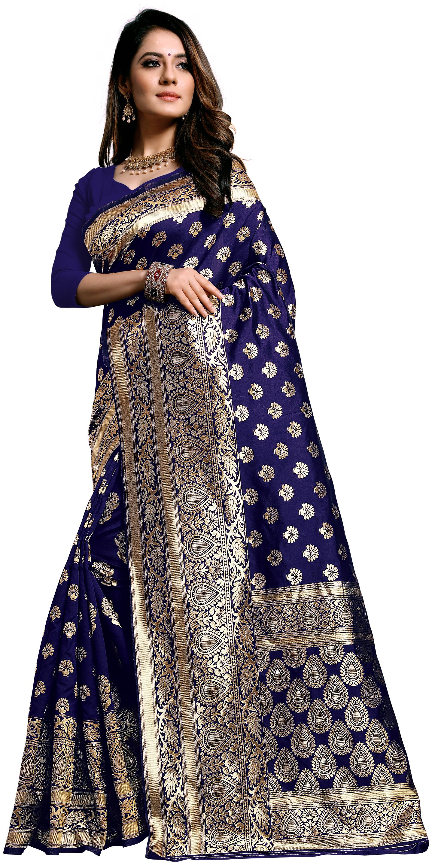

Aadyaa Creation Women Artificial Silk Woven Navy Blue Saree With Blouse