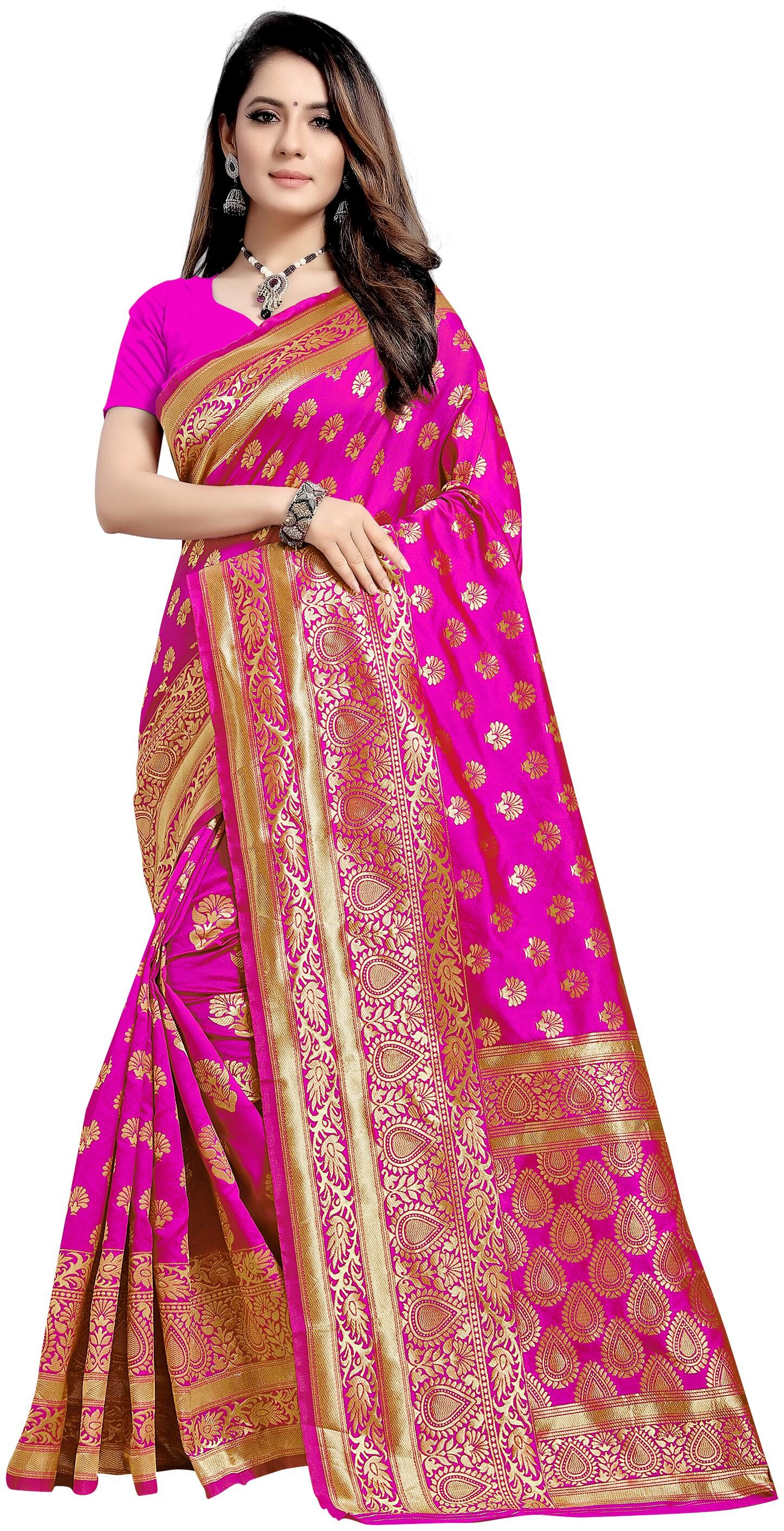 

Aadyaa Creation Women Artificial Silk Woven Pink Saree With Blouse