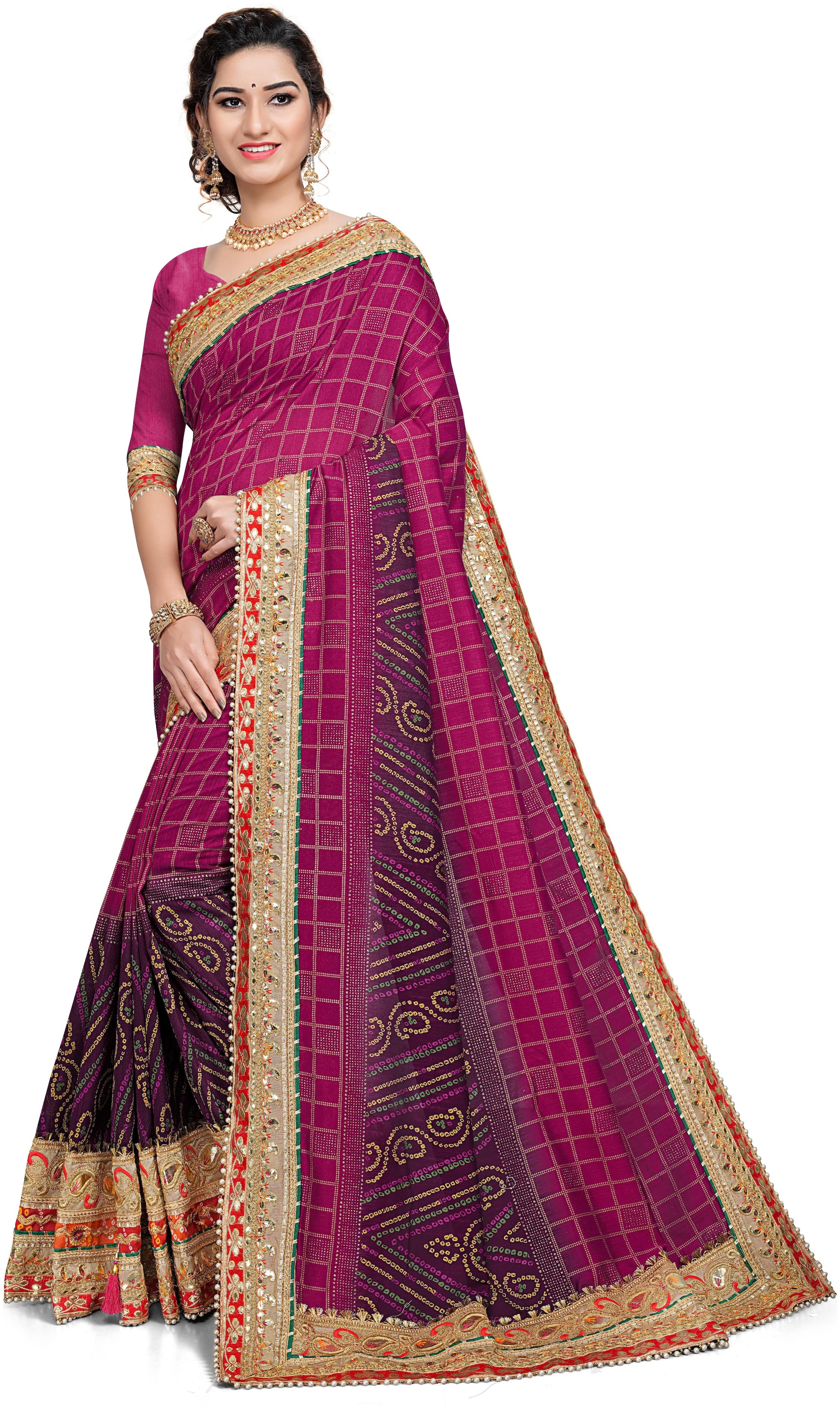 

Aadyaa Creation Embroidery Bandhej Vichitra Silk Saree With Blouse
