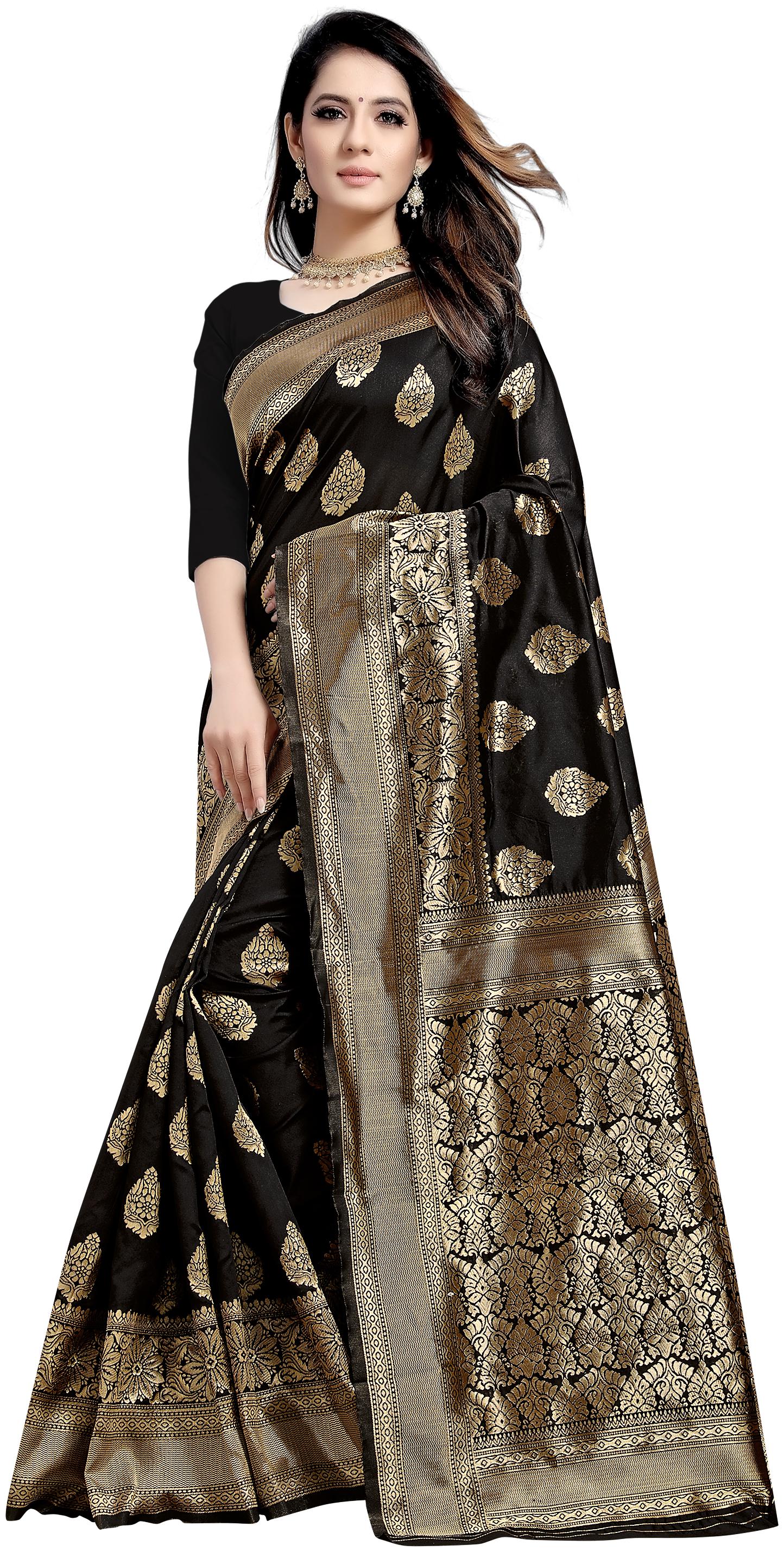 

Aadyaa Creation Women Artificial Silk Woven Black Saree With Blouse