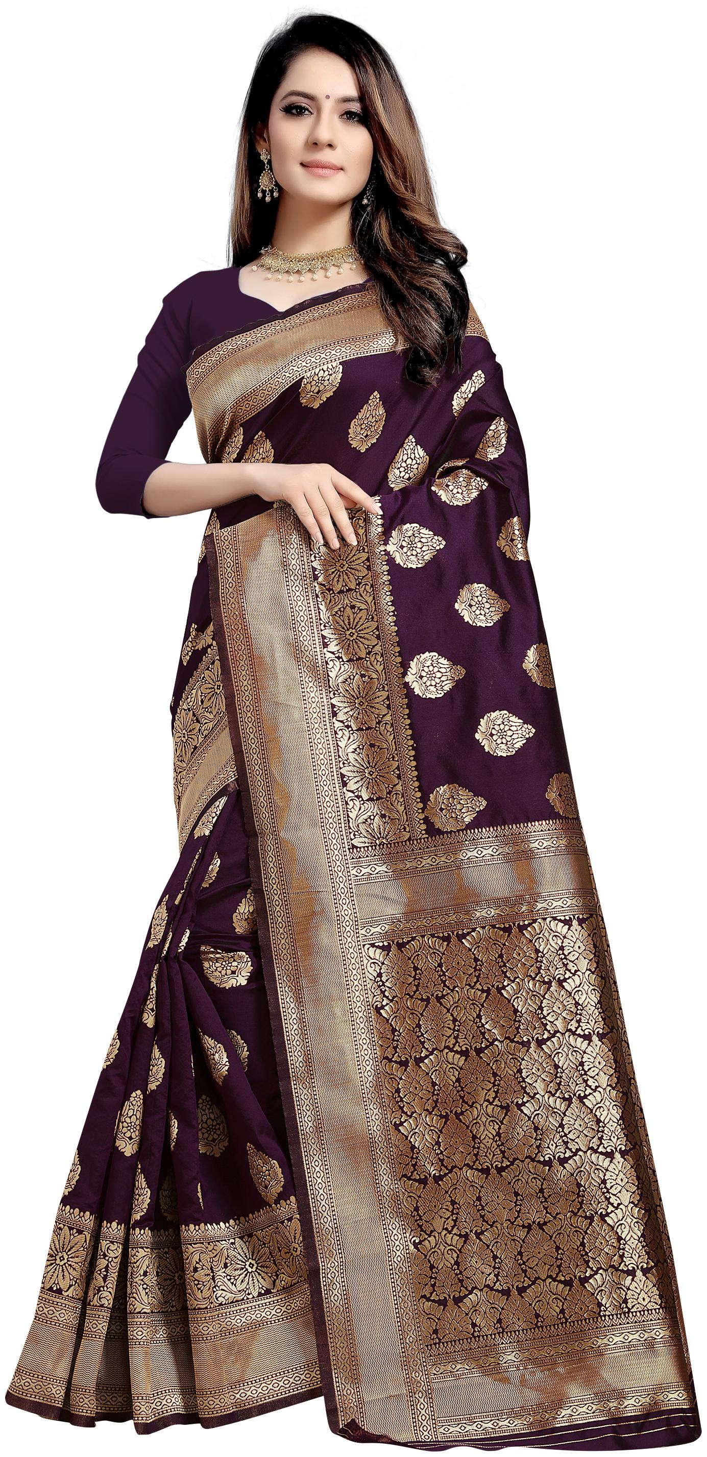 

Aadyaa Creation Women Artificial Silk Woven Purple Saree With Blouse