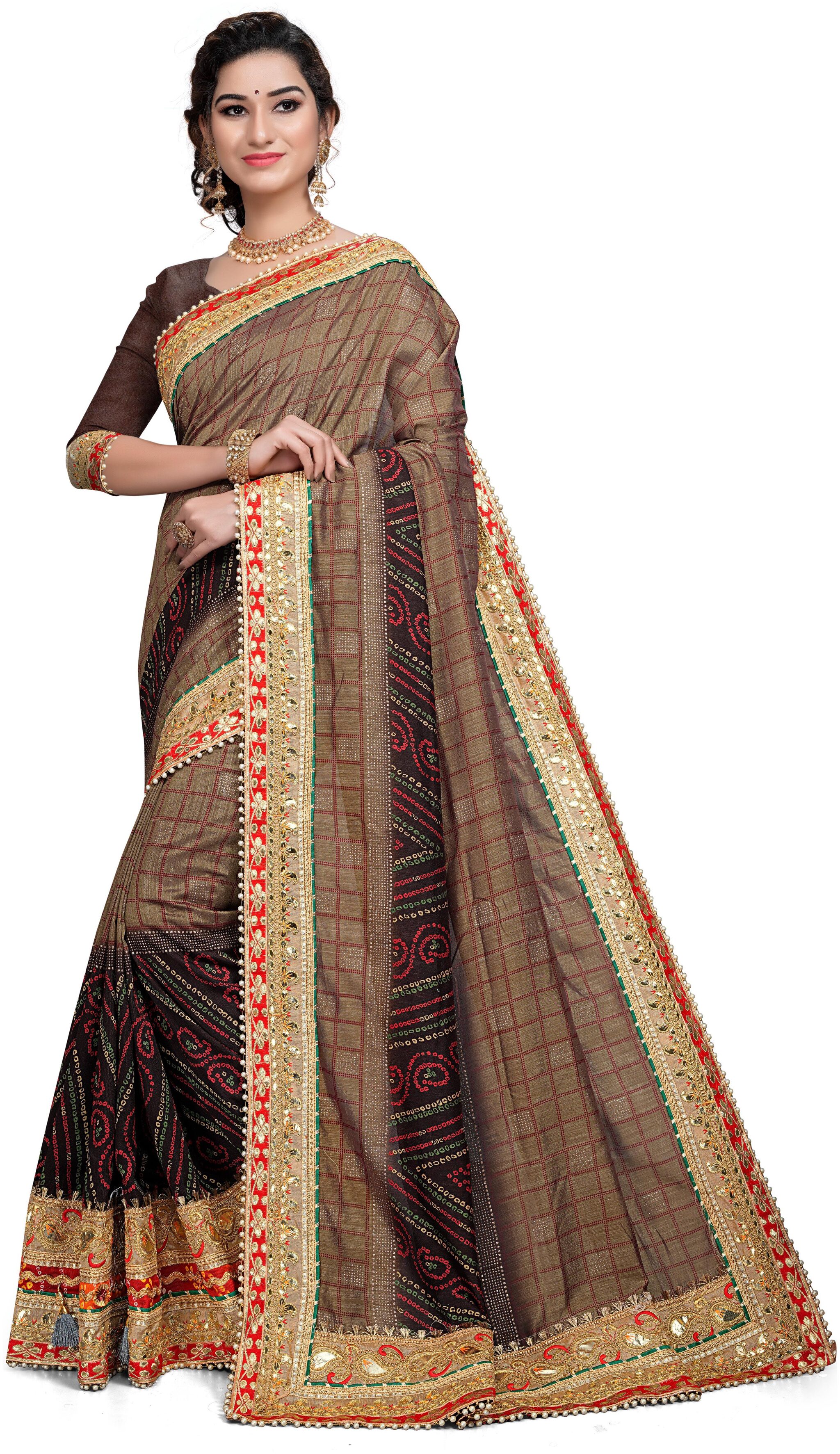 

Aadyaa Creation Embroidery Bandhej Vichitra Silk Saree With Blouse