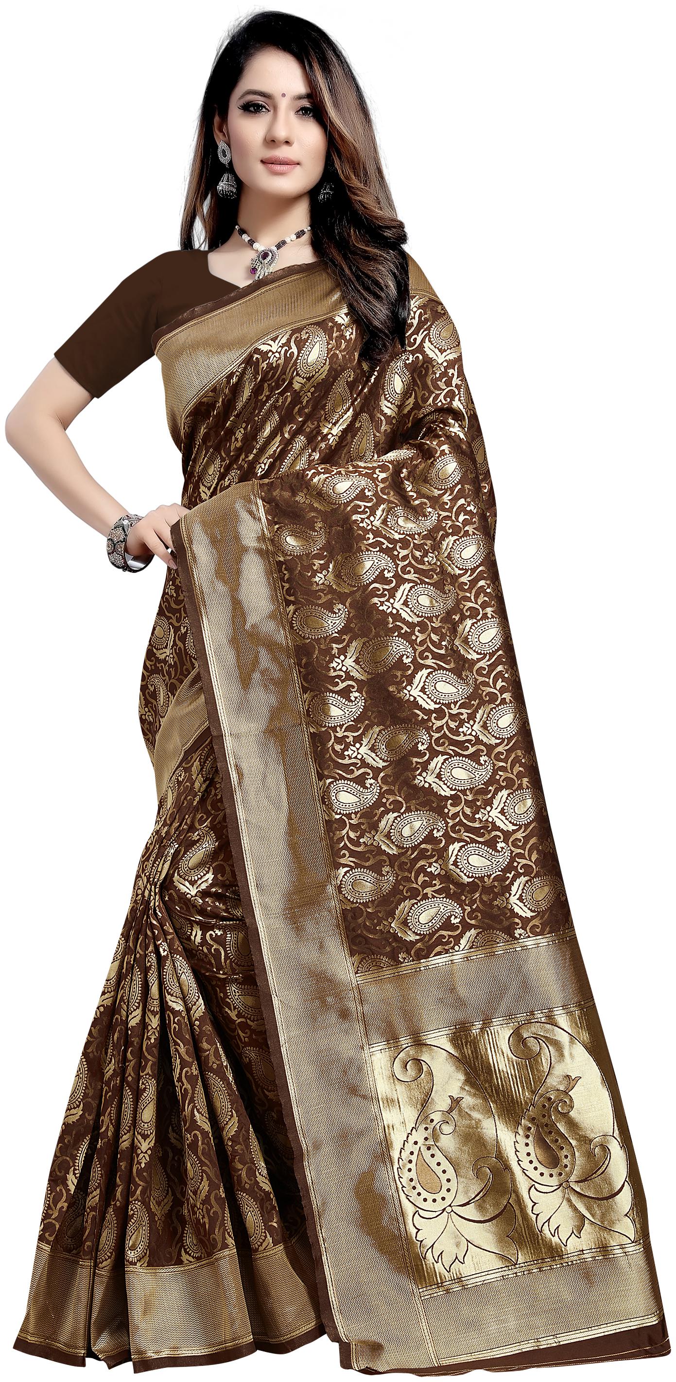 

Aadyaa Creation Women Artificial Silk Woven Brown Saree With Blouse