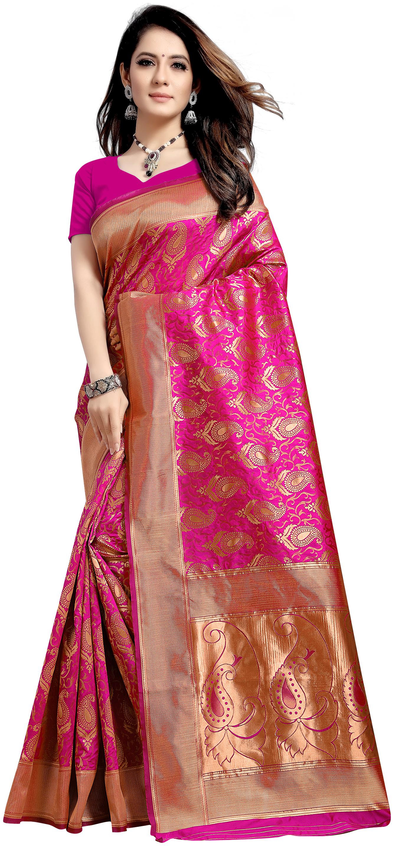 

Aadyaa Creation Women Artificial Silk Woven Pink Saree With Blouse