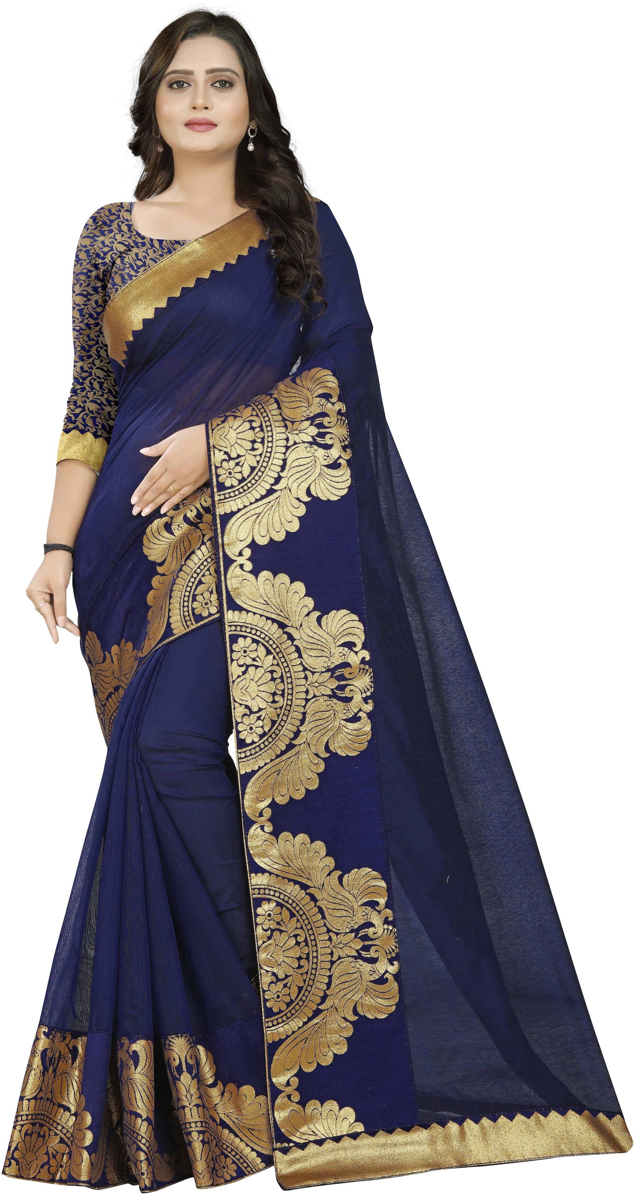 

AAENA Blue Solid Chanderi Regular Saree With Blouse With blouse