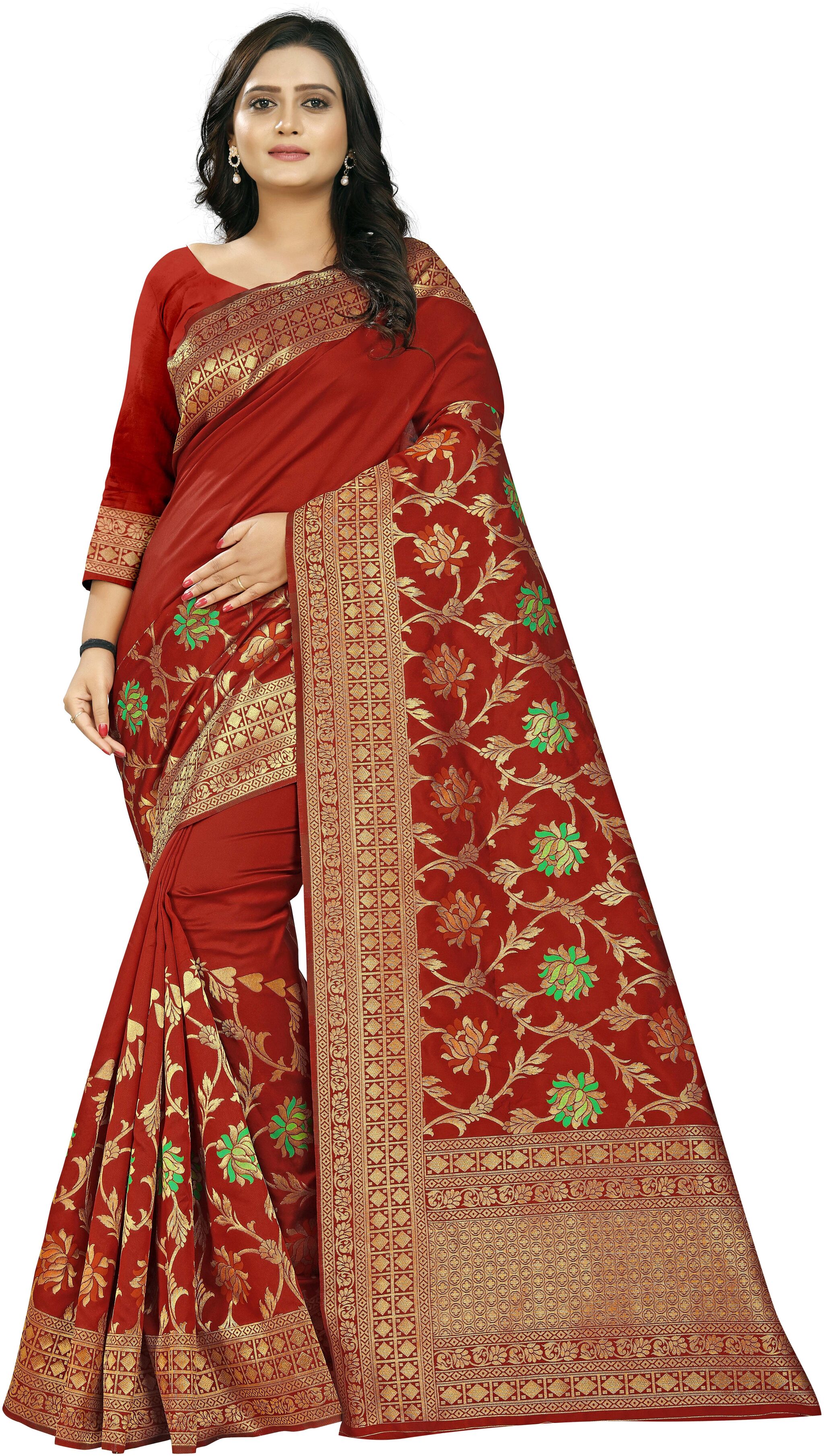 

Aaena Women Banarasi Jacquard Kanjivaram Patola Style Cotton Silk Saree Blouse Pieces Red