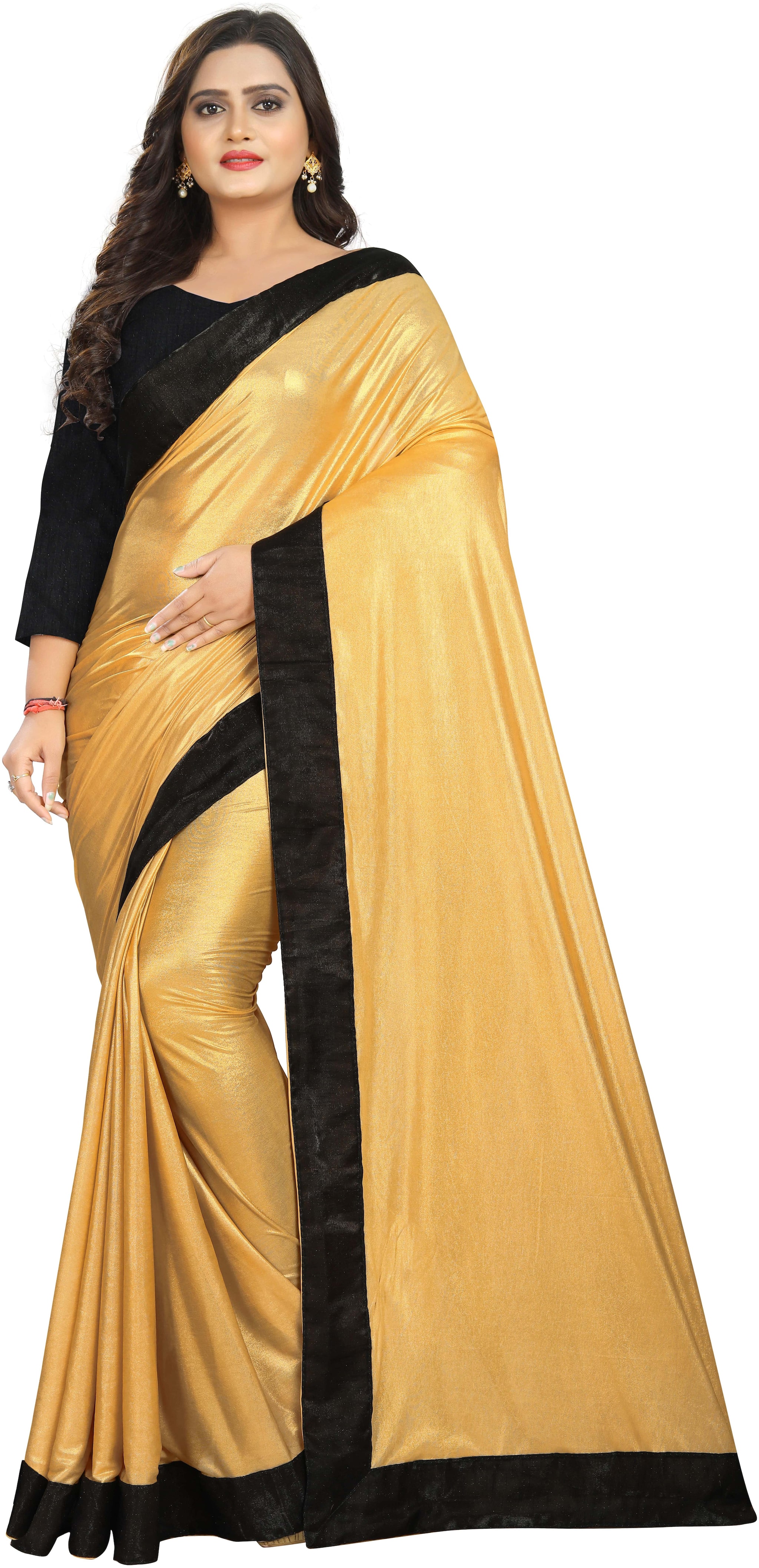 

AAENA Women Lycra Solid Saree Gold