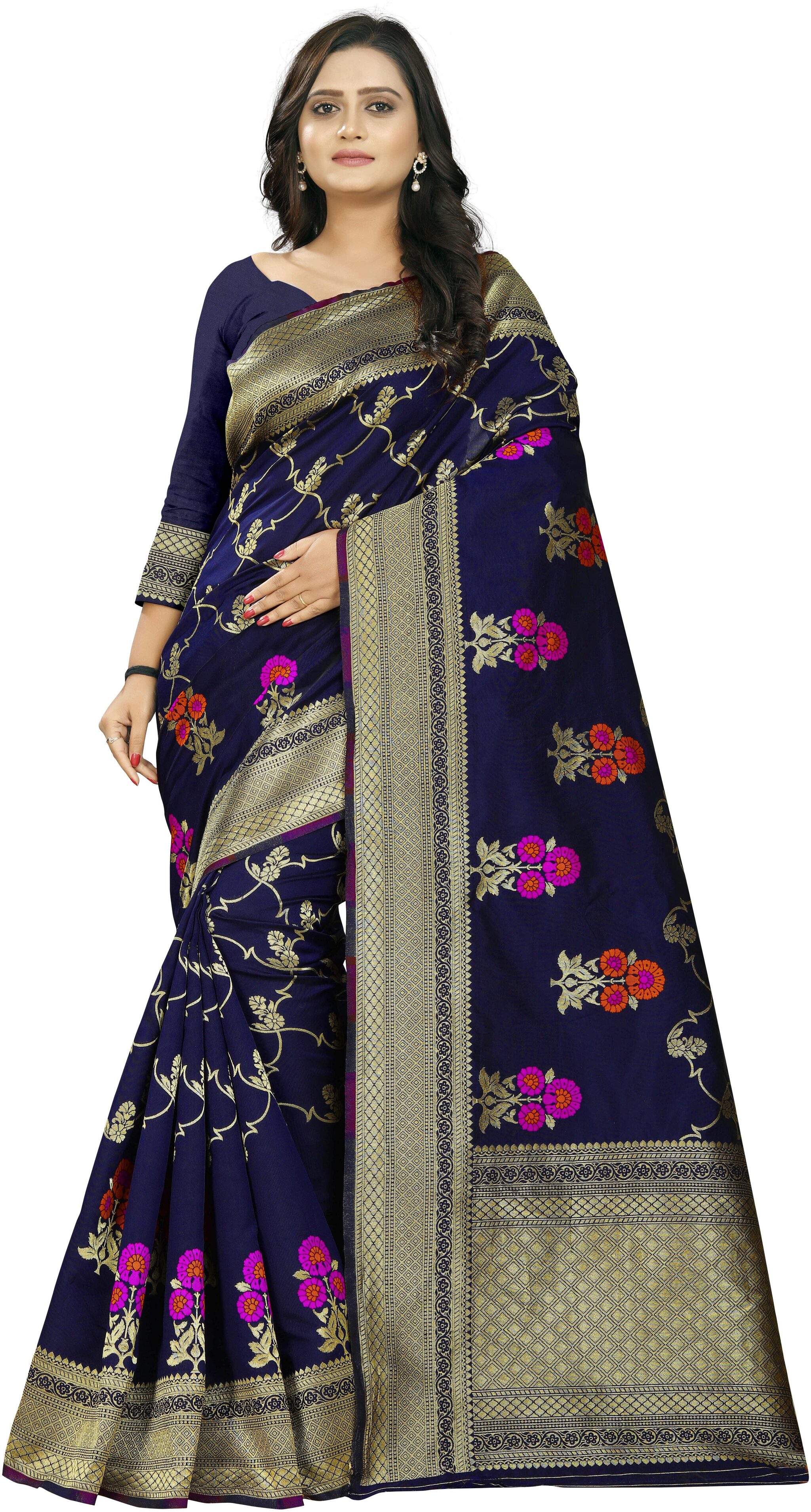 

Aaena Women Banarasi Jacquard Kanjivaram Patola Style Cotton Silk Saree Blouse Pieces Blue