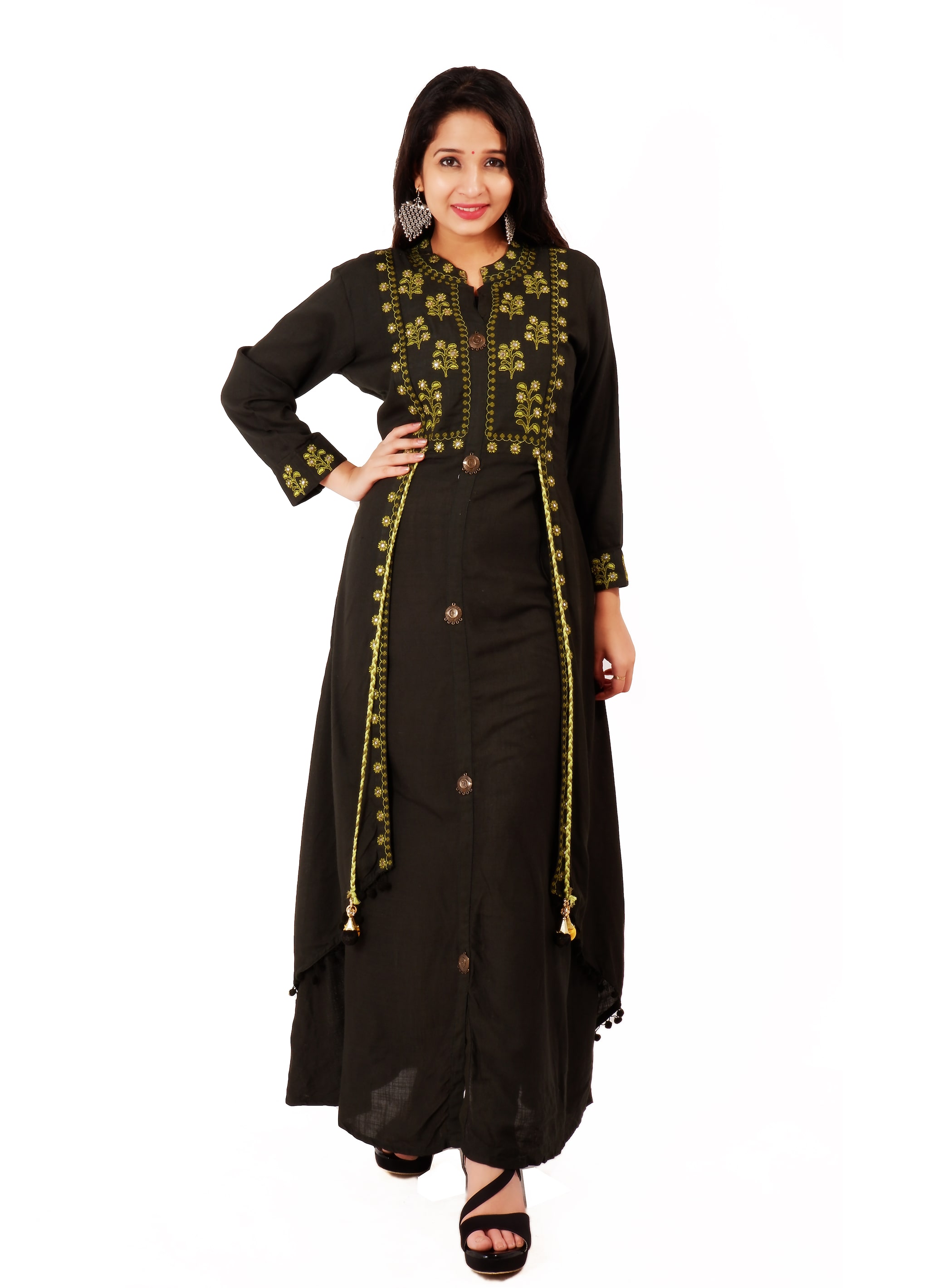 

Aakarshan Viscose Rayon Embroidered Olive Kurta Kurtis For Women