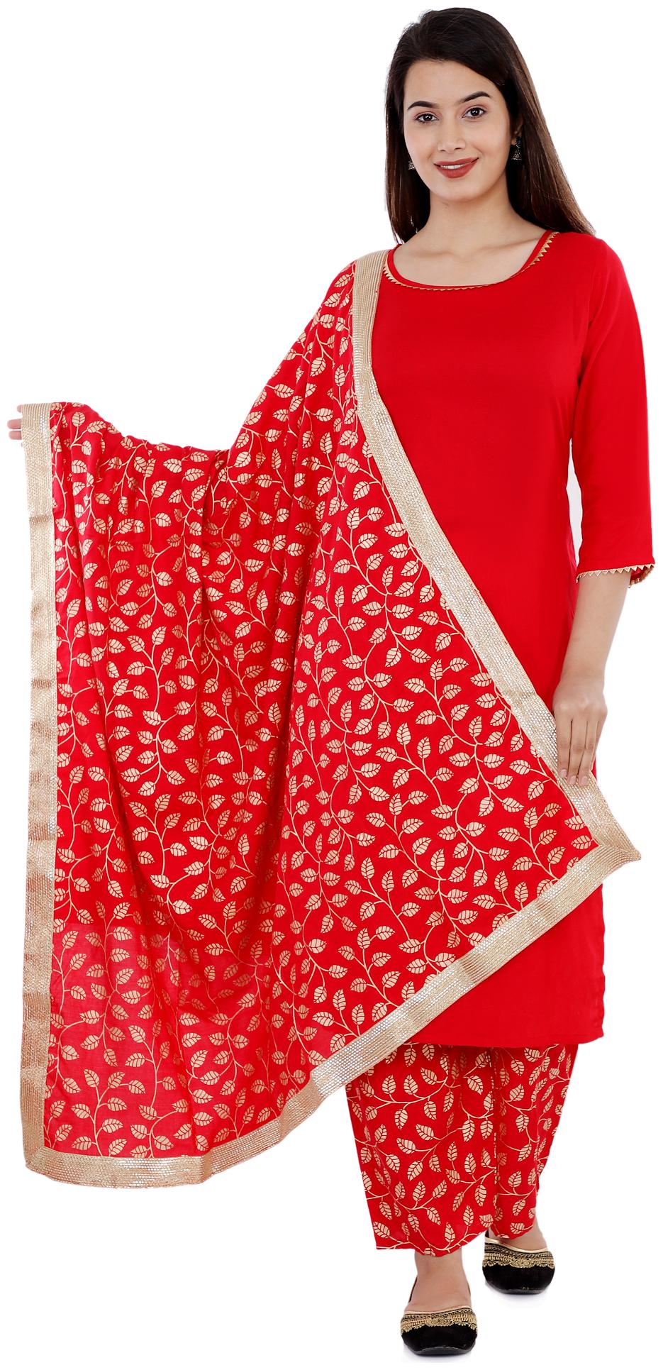 

Aakarshan Women Red Printed Straight Kurta With Pants And Dupatta