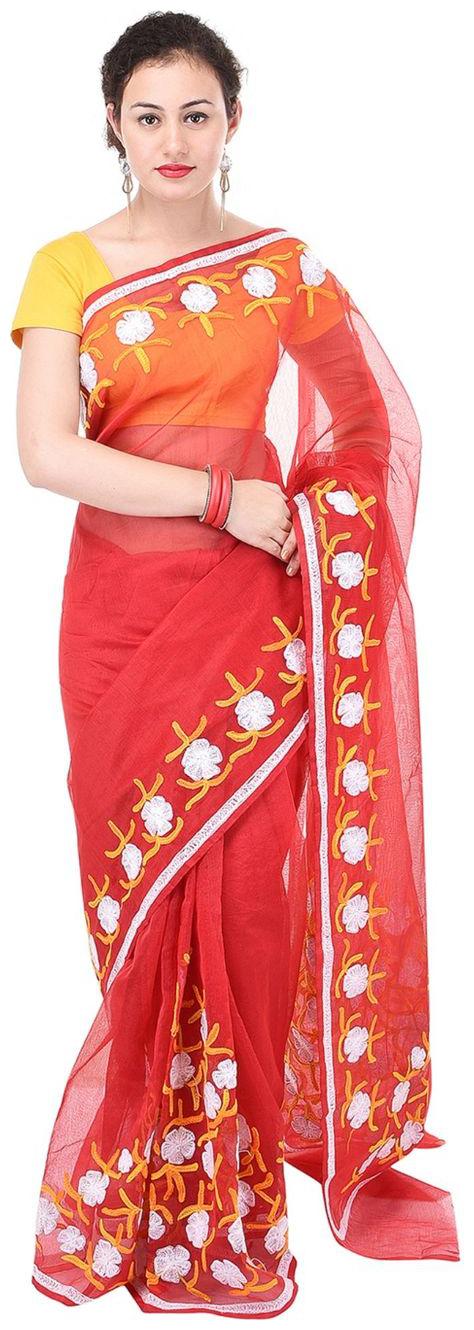 

Aari Work Pure Banarasi Cotton Supernet Saree With Blouse (Red)