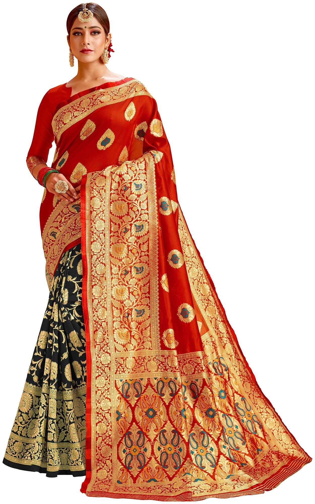 

Aarvi Fashion Women Cotton Blend Regular Saree Black Red