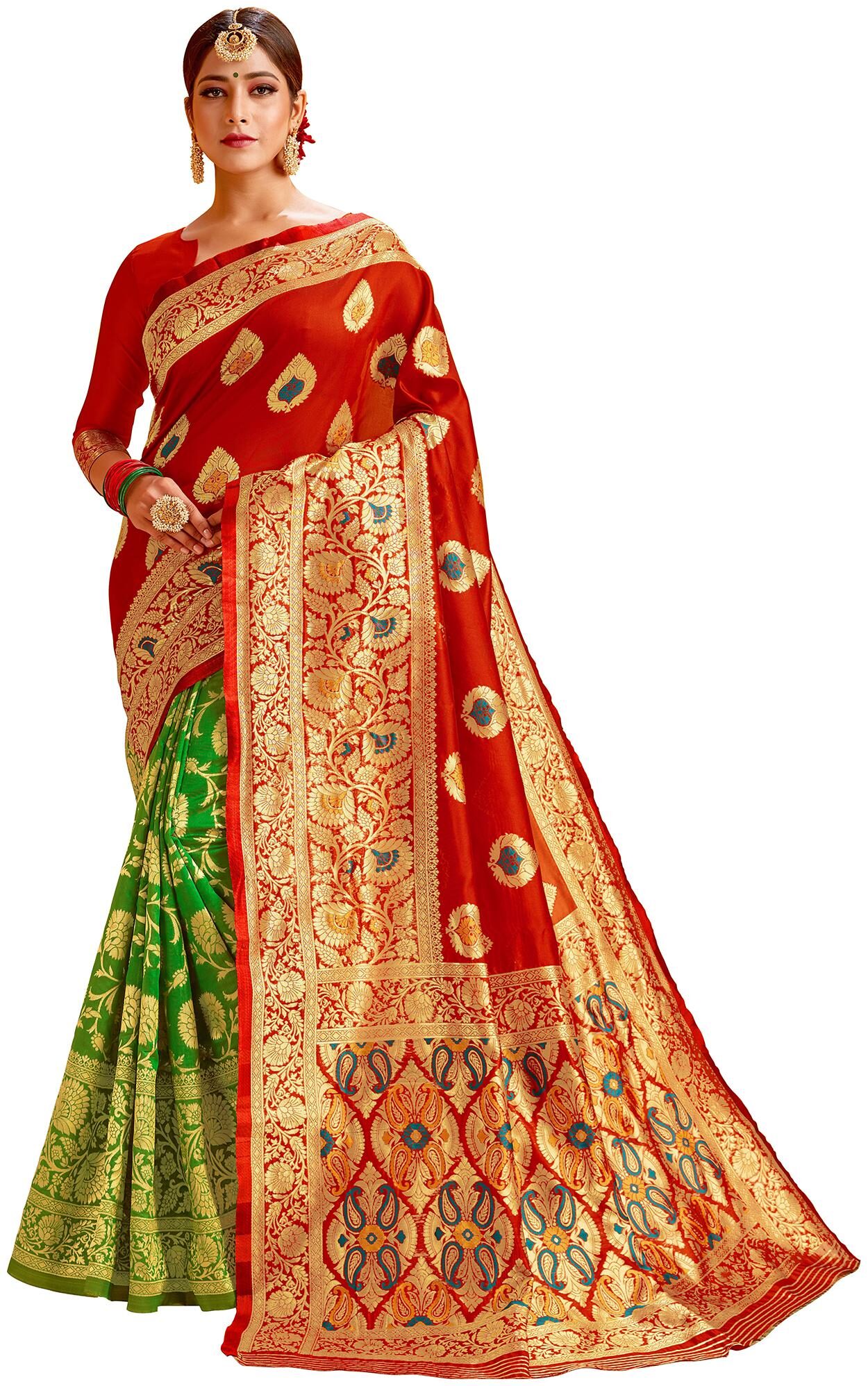 

Aarvi Fashion Women Cotton Blend Regular Saree Green Red