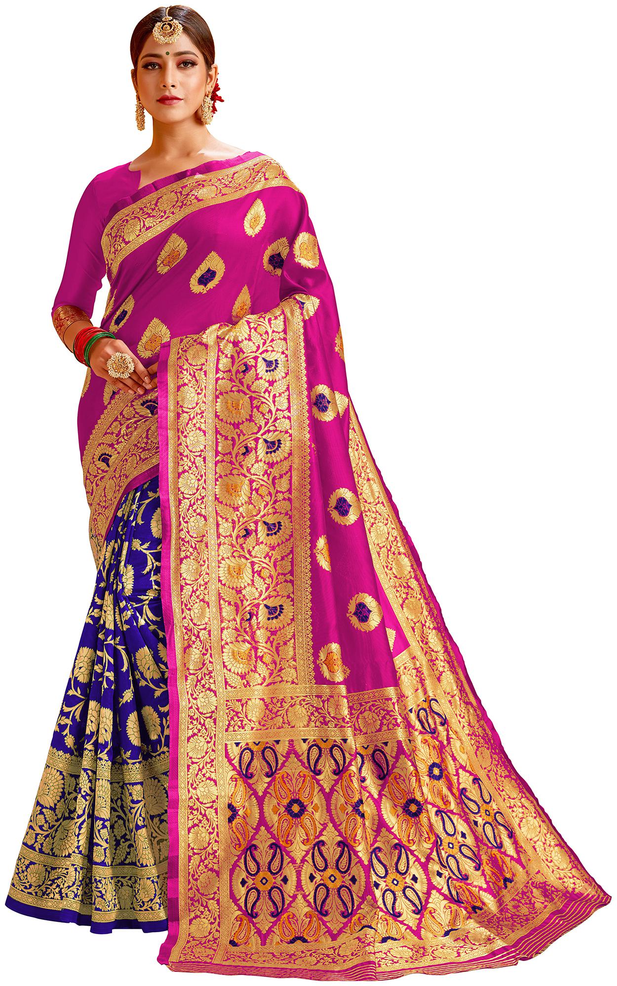 

Aarvi Fashion Women Cotton Blend Regular Saree Blue Pink