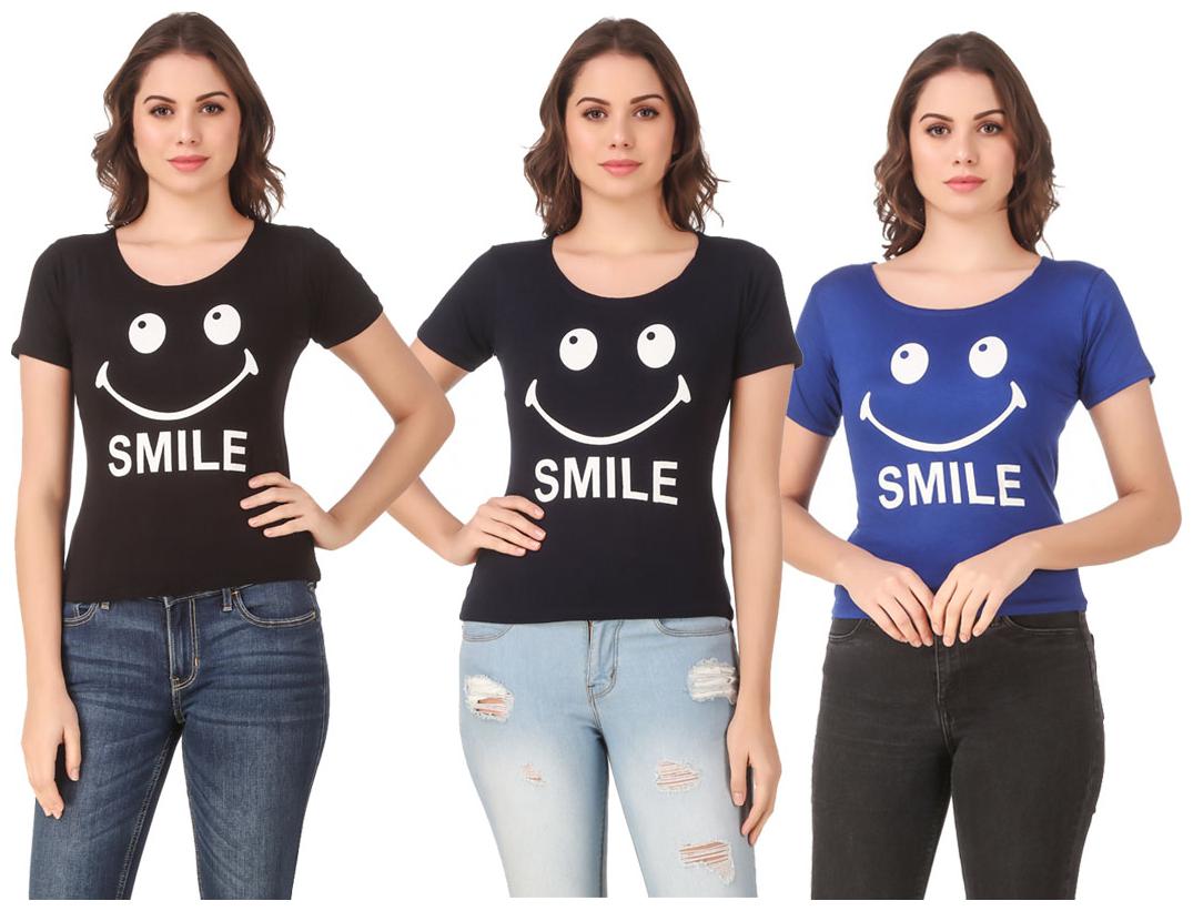

AARYA WORLD Women Lycra Printed Black Blue T Shirt