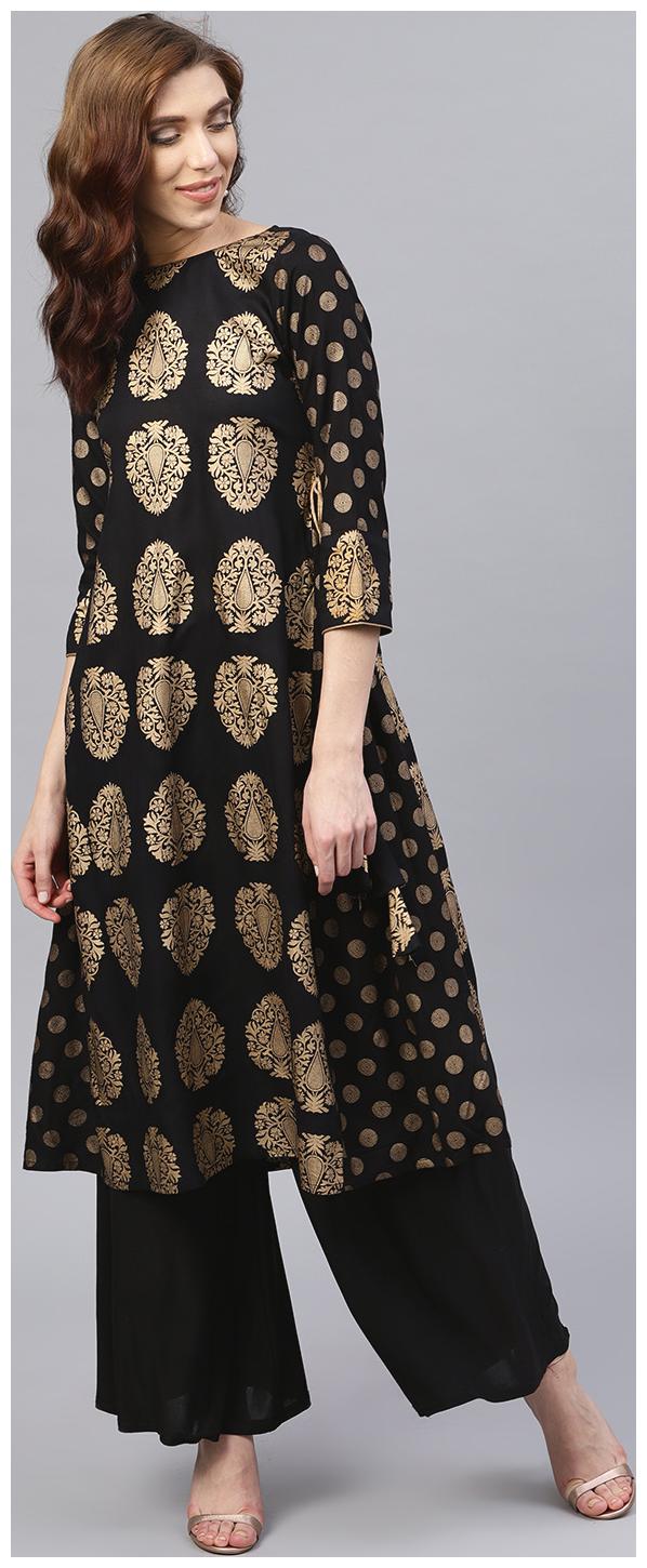 

AASI- HOUSE OF NAYO Black And Gold Printed Kurta With Round Neck And Full Sleeves