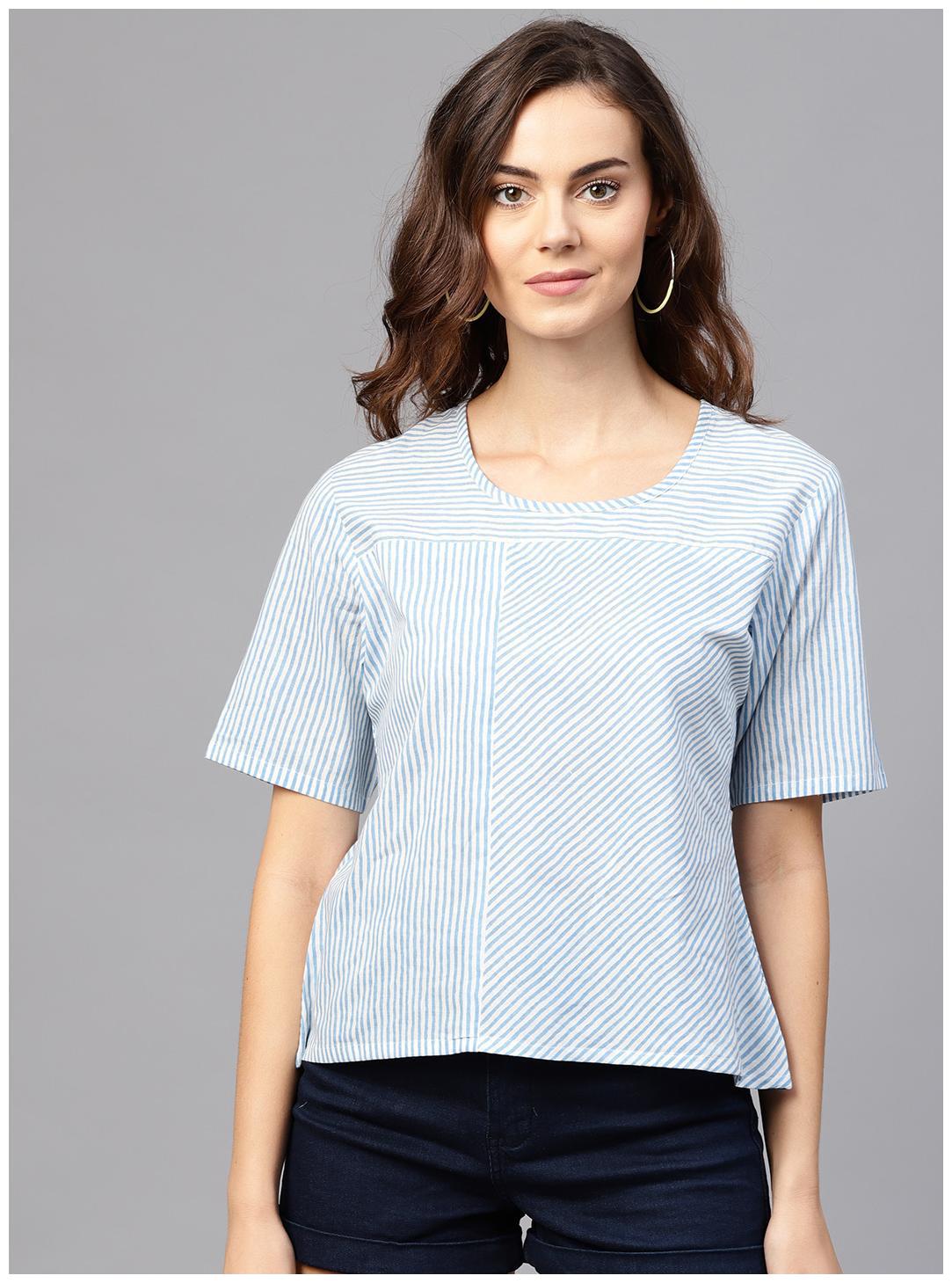 

AASI- HOUSE OF NAYO Women Striped Regular top - Blue