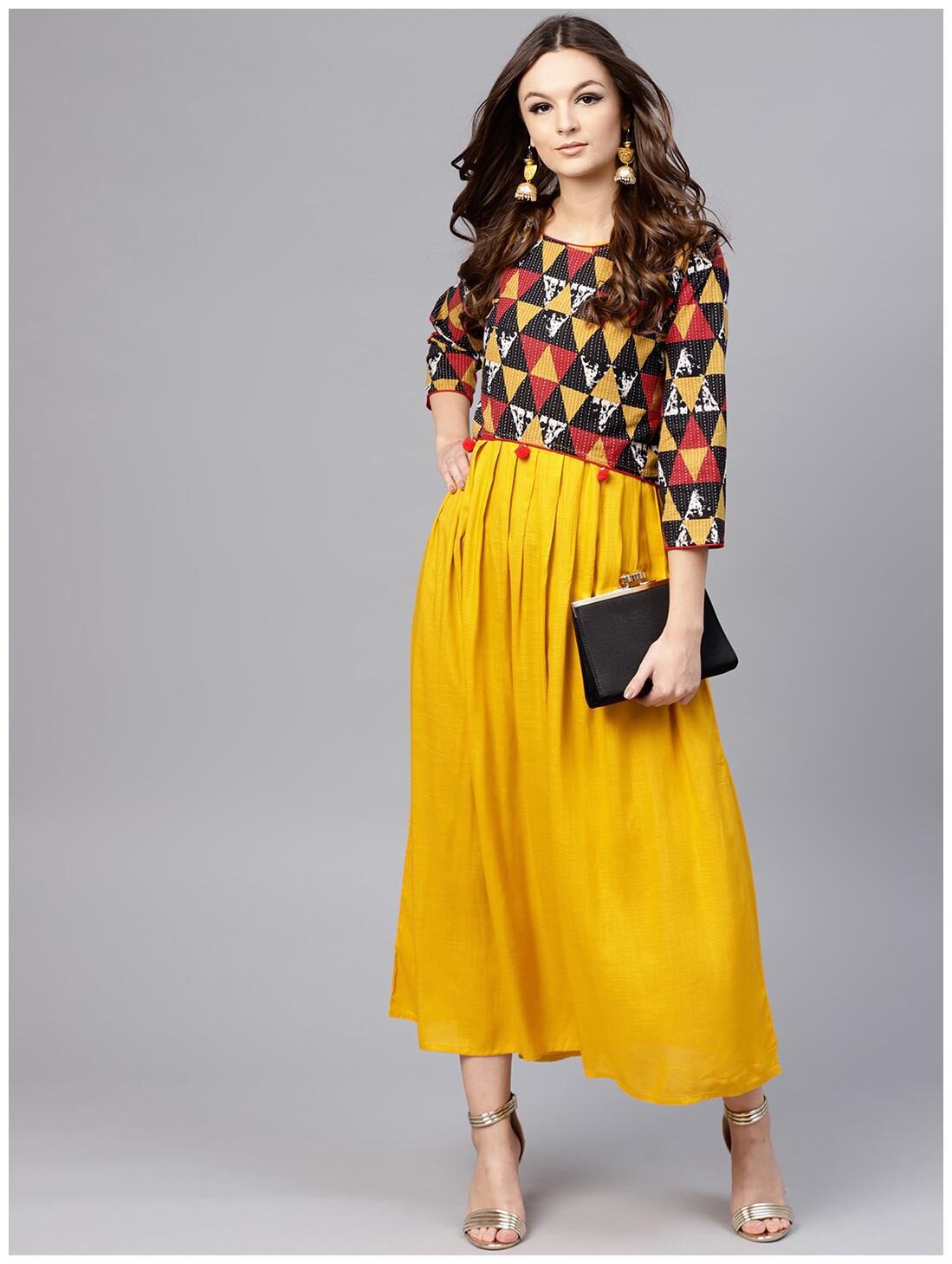 

AASI Bright Yellow Rayon A-Line Box Pleated Maxi With Attached Jacket Till Yoke And Emblished With Tassels