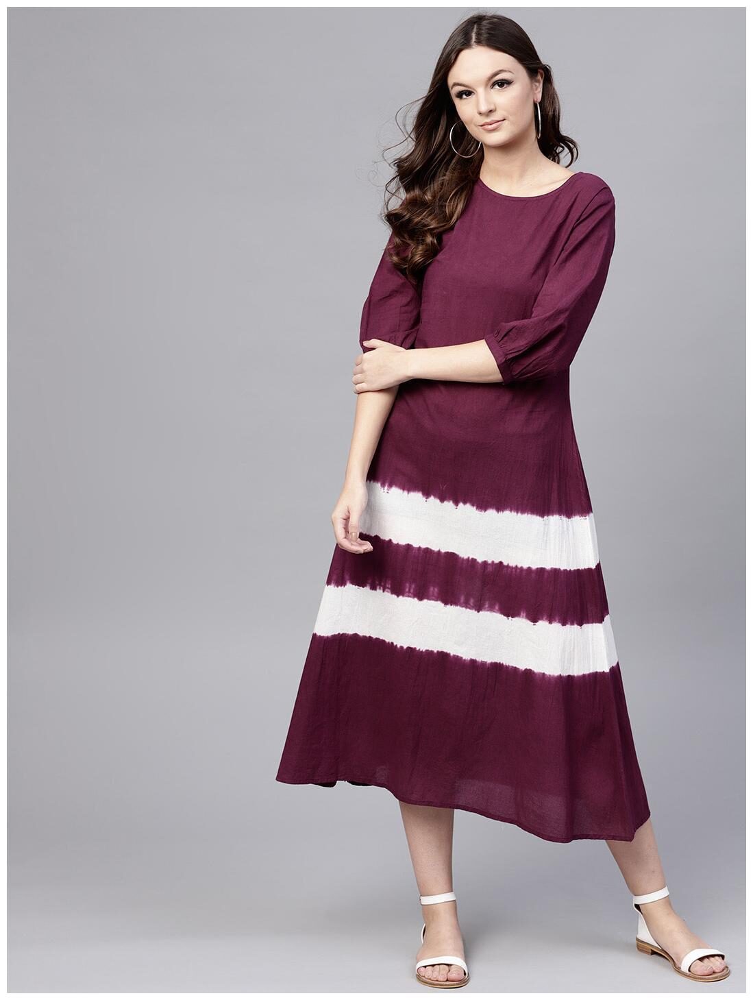 

AASI Burgundy Tie And Dye Maxi Kurti Dress With Round Neck And 3 4 Sleeves