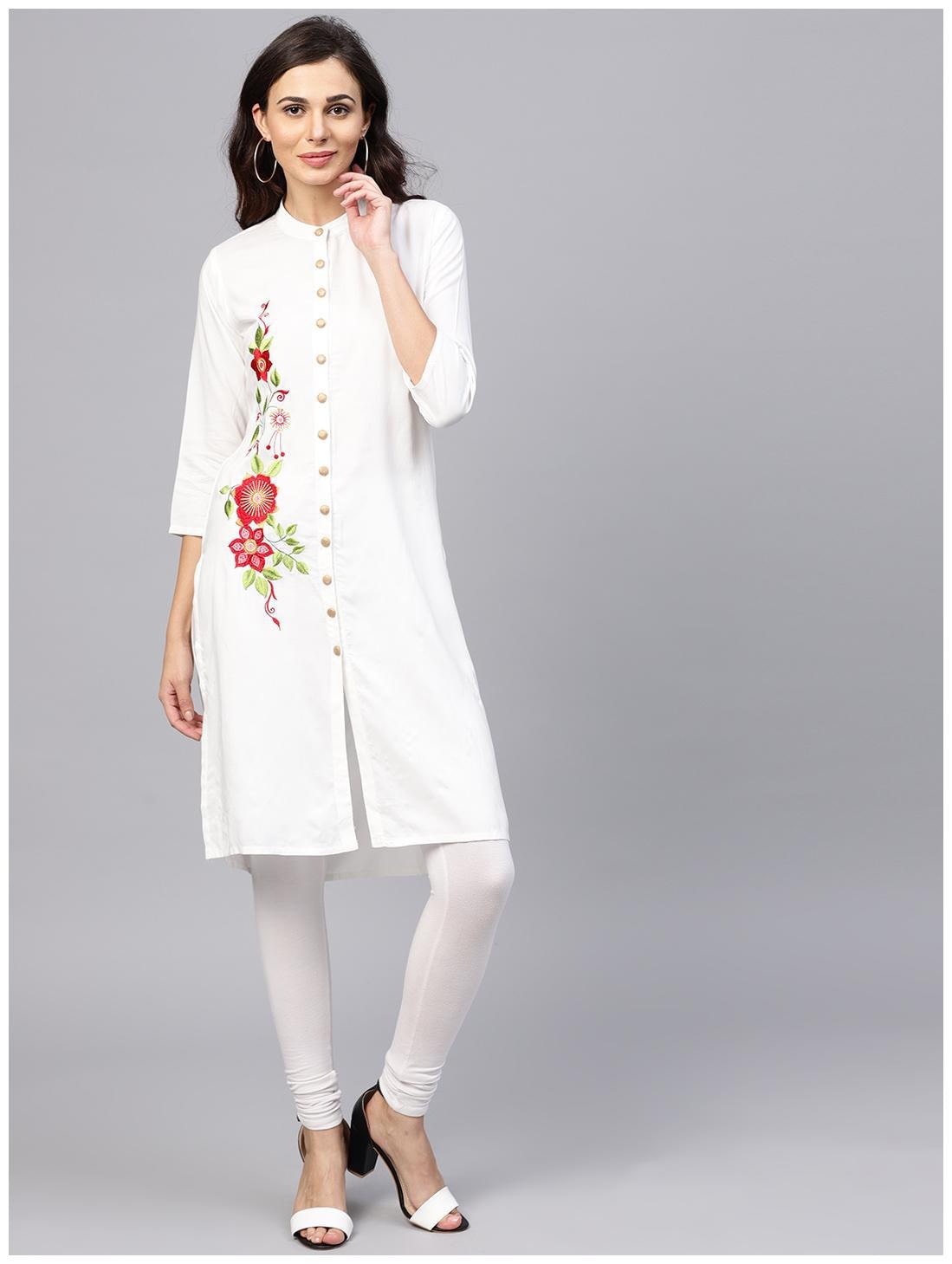 

AASI- HOUSE OF NAYO Women White Embroidered Straight Kurta