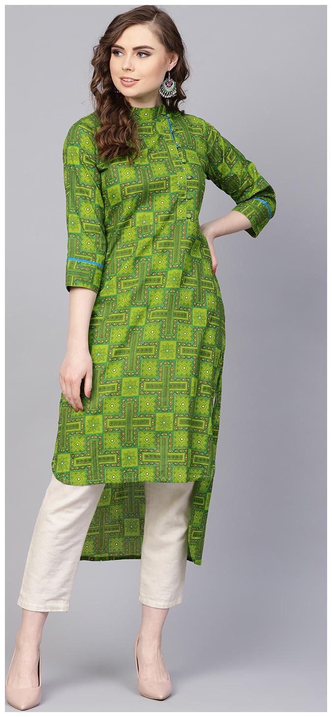 

AASI- HOUSE OF NAYO Women Green Printed Assymetrical Kurta
