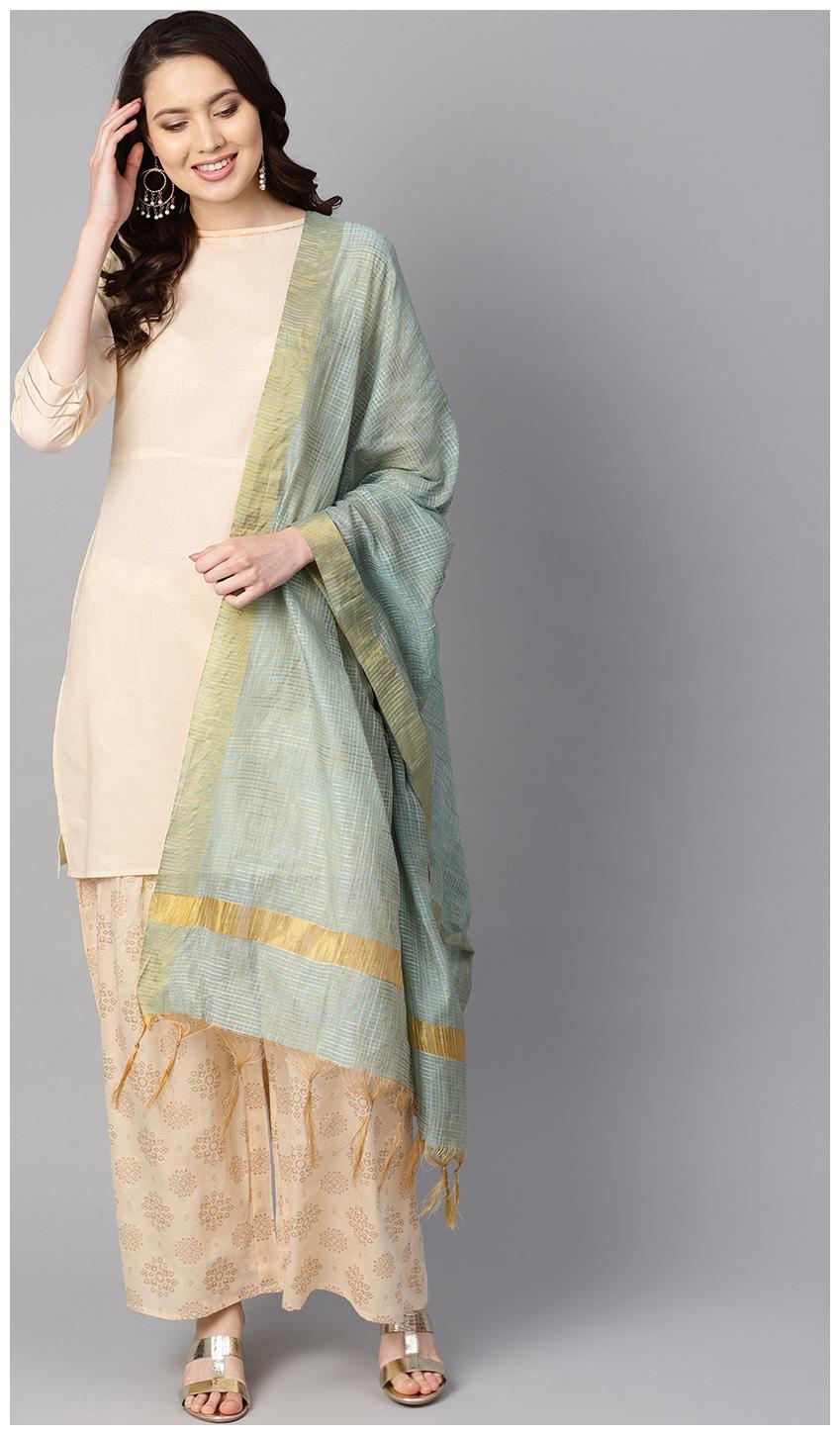 

AASI- HOUSE OF NAYO Women Cream Turquoise Solid Straight Kurta With Sharara