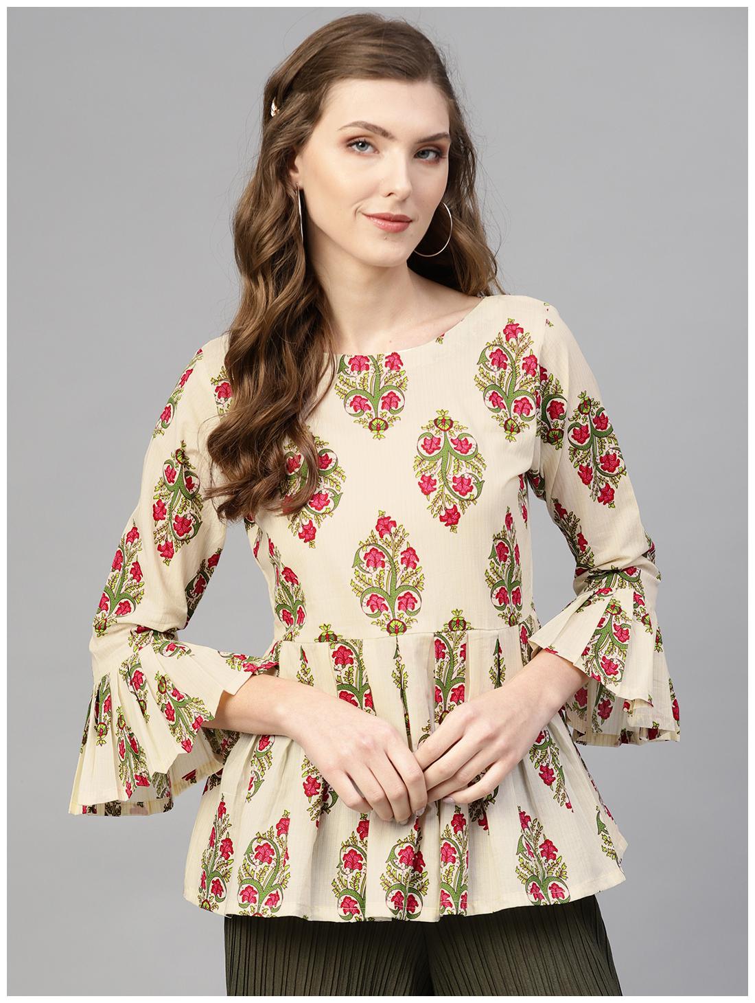 

AASI- HOUSE OF NAYO Women Cotton Printed Cream A-Line Top