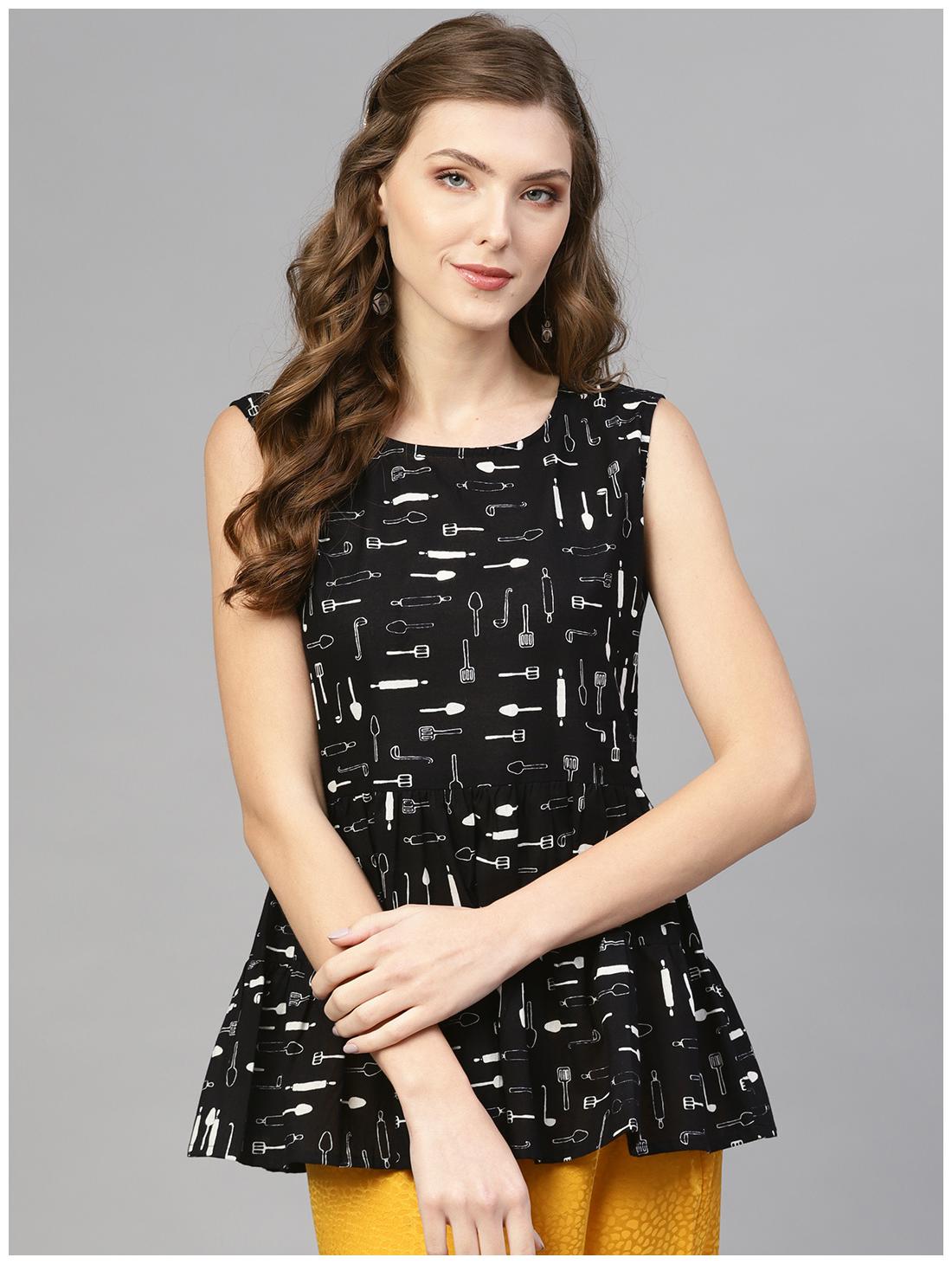

AASI- HOUSE OF NAYO Women Cotton Printed Black A-Line Top