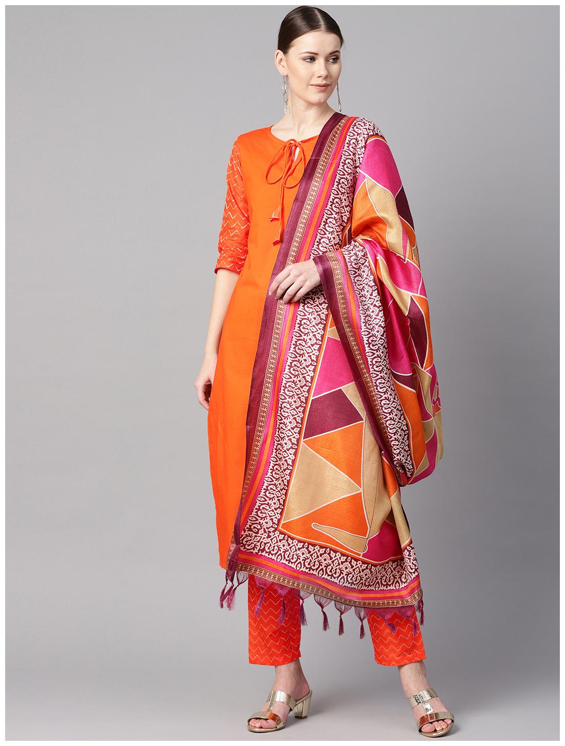 

AASI- HOUSE OF NAYO Women Orange Solid Straight Kurta With Pants And Dupatta