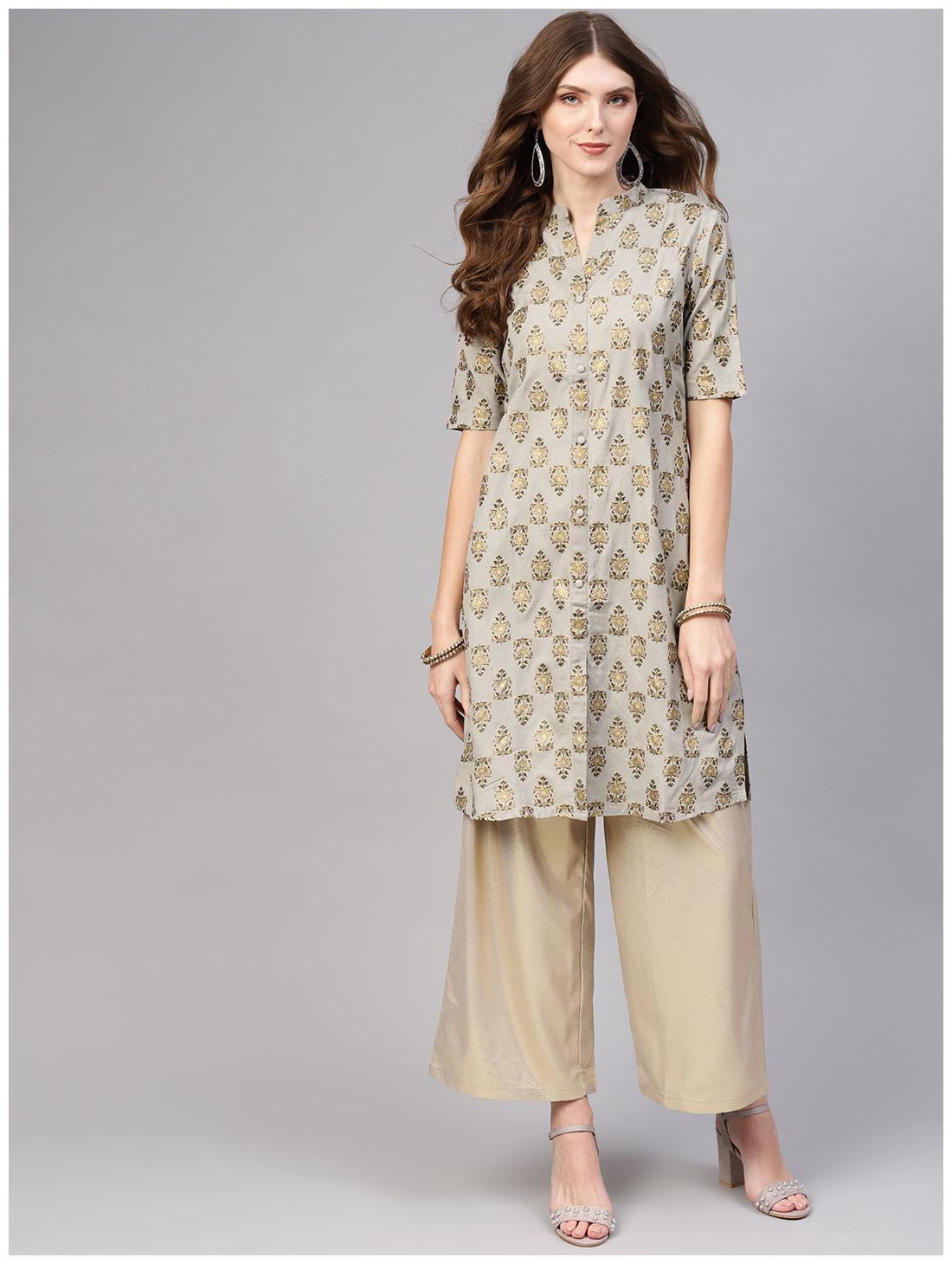

AASI- HOUSE OF NAYO Women Grey Printed Straight Kurta
