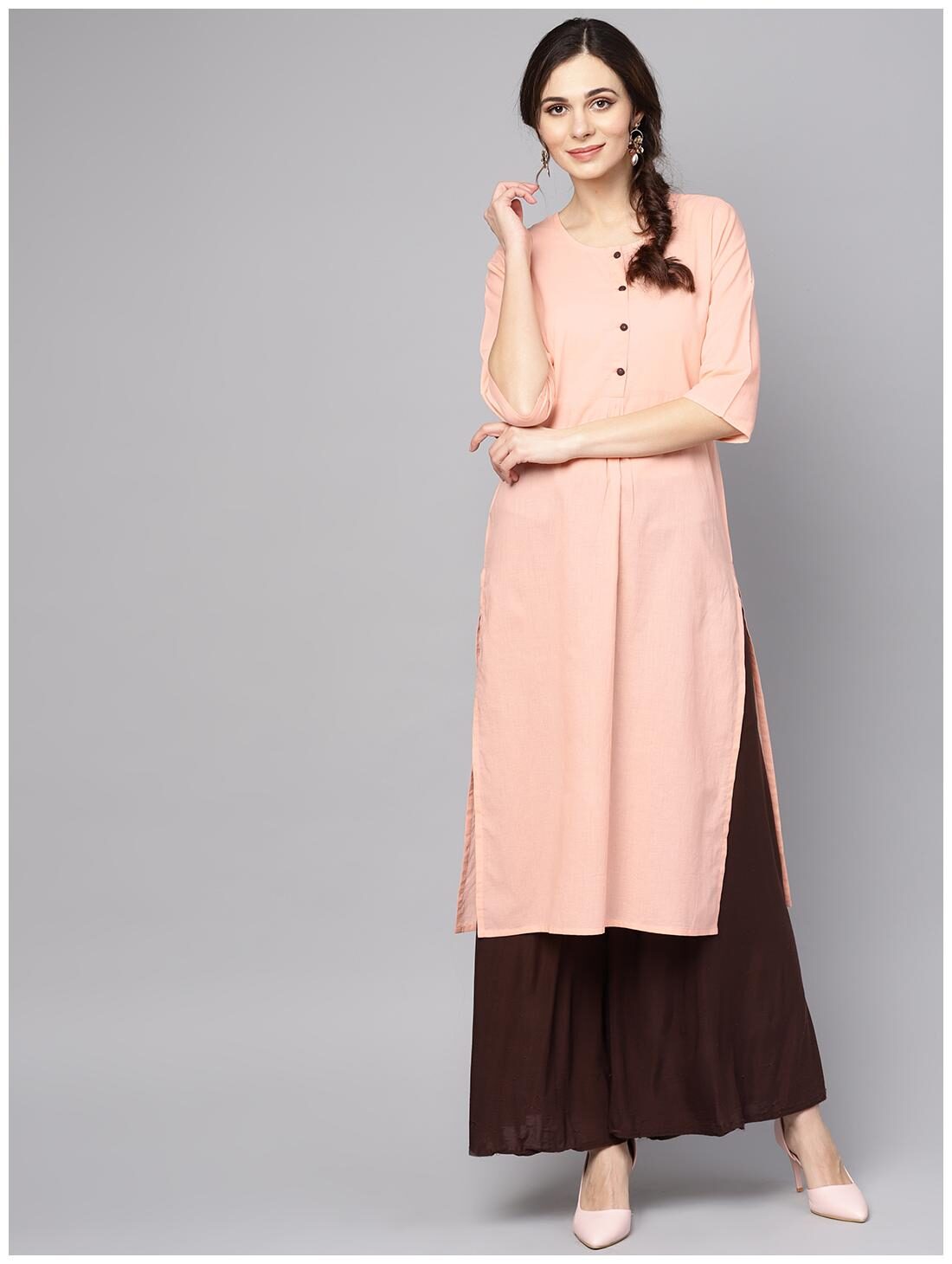 

AASI- HOUSE OF NAYO Women Peach Solid Straight Kurta