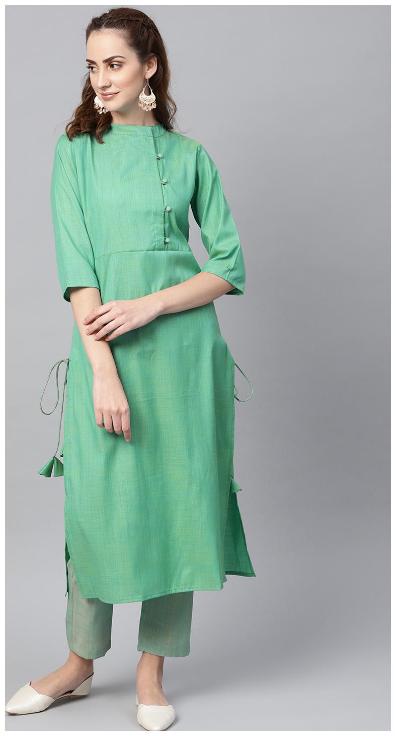 

AASI- HOUSE OF NAYO Women Green Solid Straight Kurta With Pants
