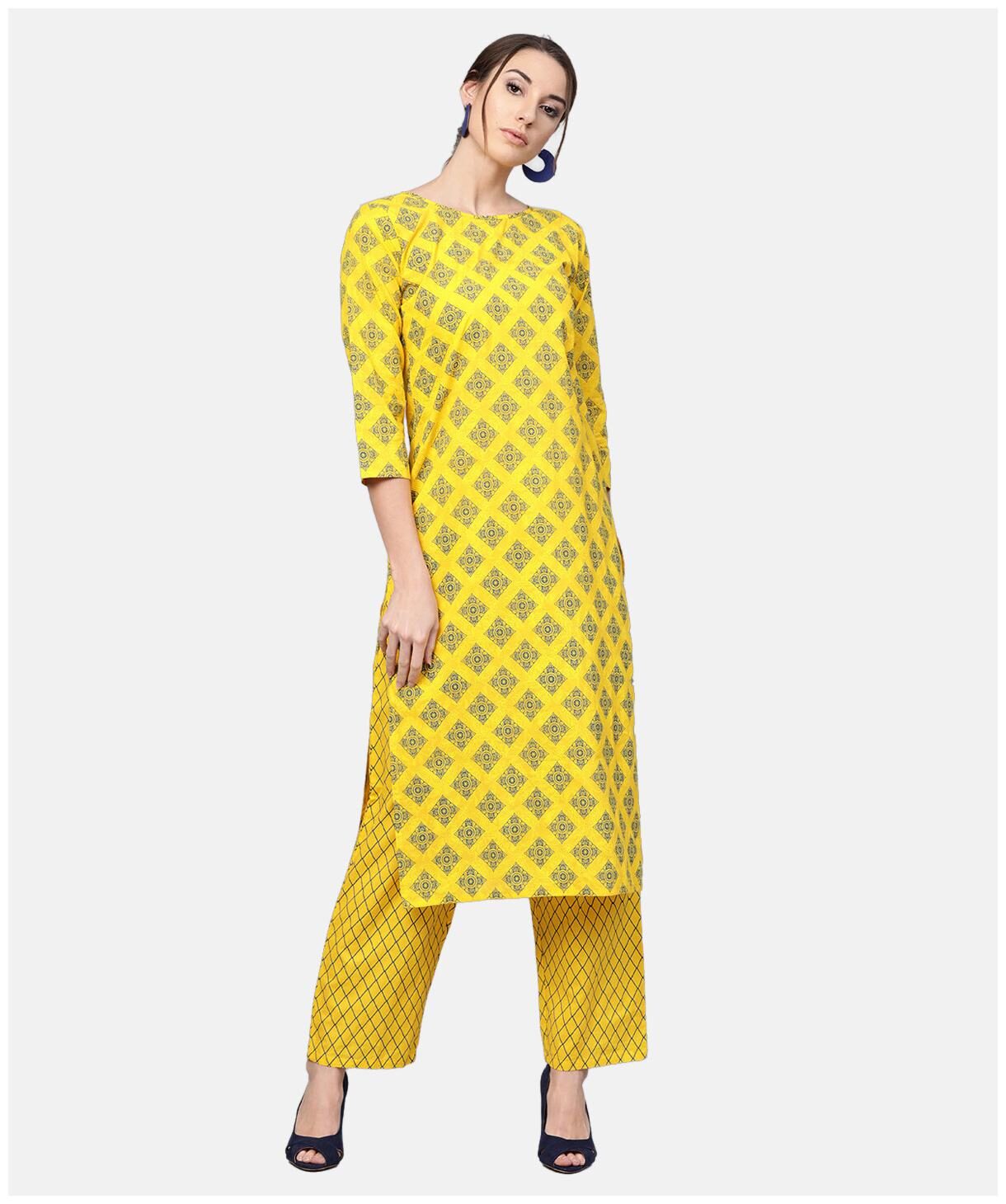 

AASI- HOUSE OF NAYO Women Yellow Printed Straight Kurta With Trousers
