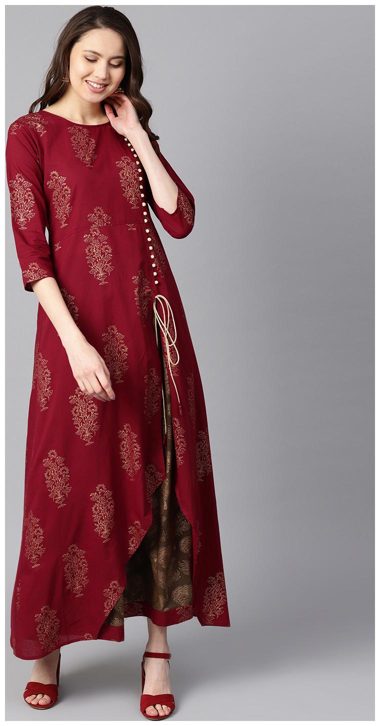

AASI- HOUSE OF NAYO Cotton Printed Asymmetric Kurta With Skirt - Maroon