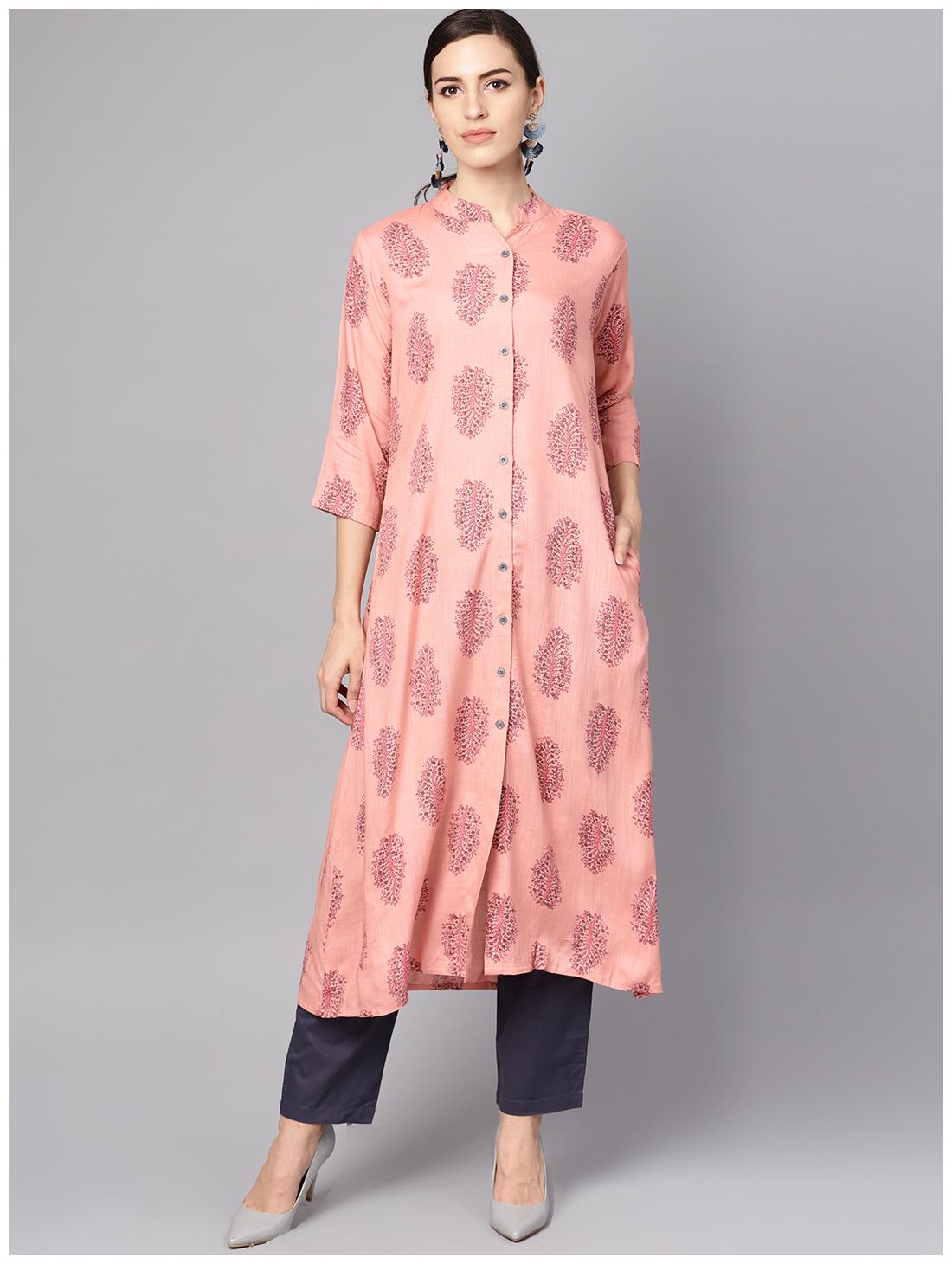 

AASI- HOUSE OF NAYO Women Peach Blue Ethnic Motifs Straight Kurta With Pants