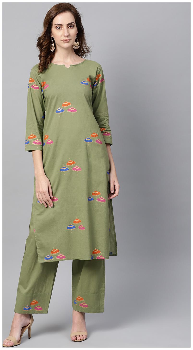 

AASI- HOUSE OF NAYO Women Green Ethnic Motifs Straight Kurta With Palazzo