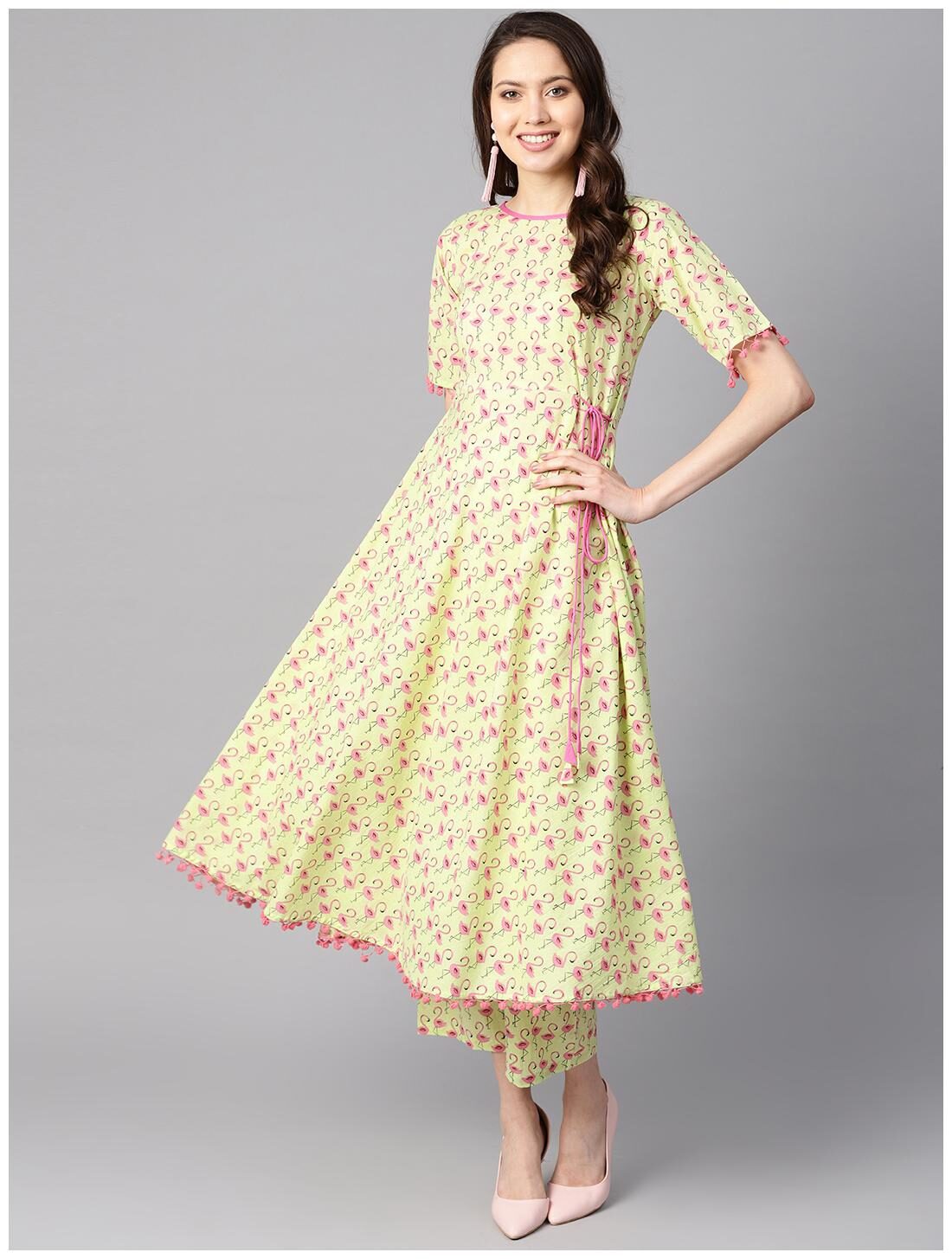 

AASI- HOUSE OF NAYO Women Green Printed Anarkali Kurta With Pants
