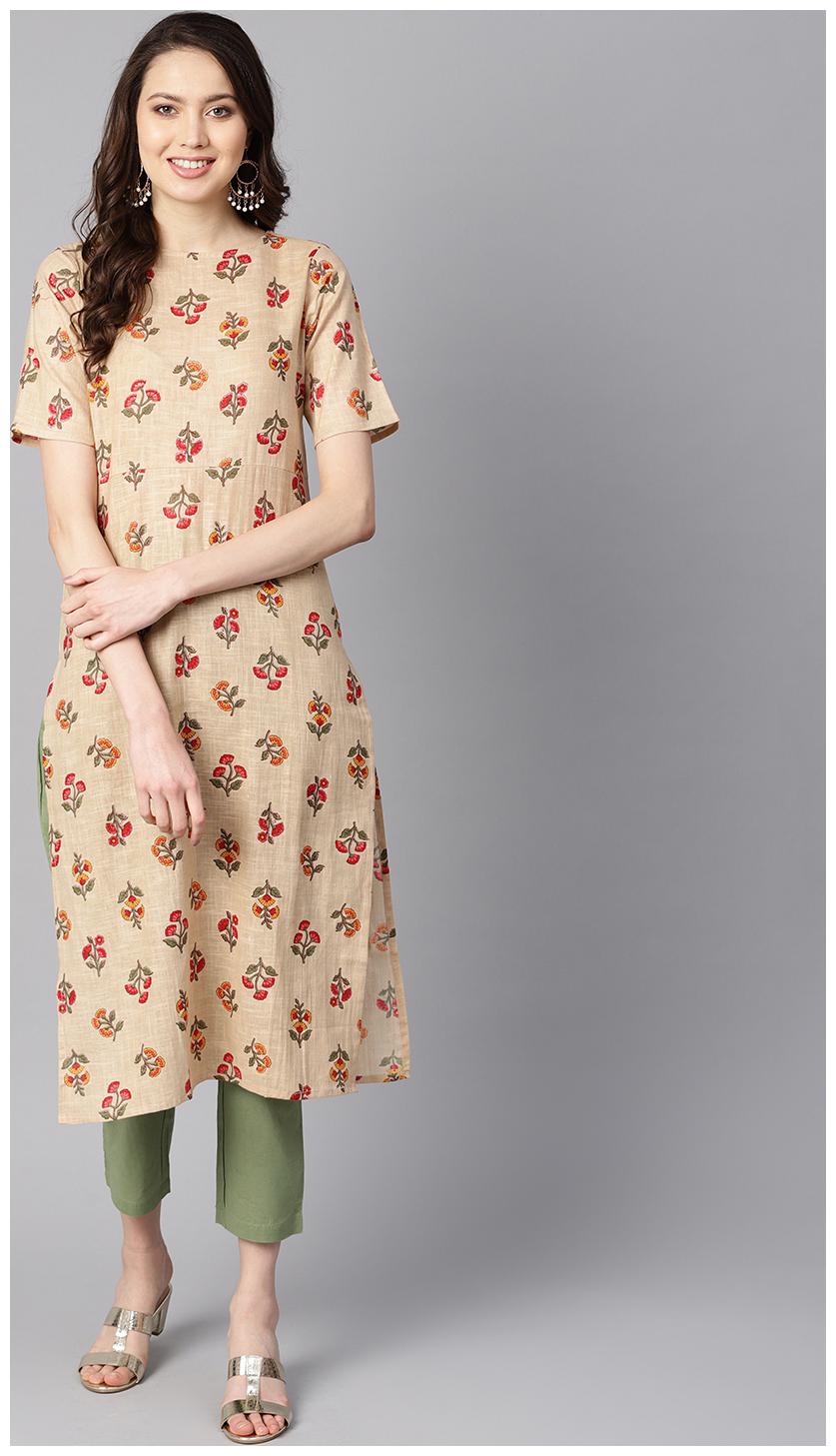 

AASI- HOUSE OF NAYO Women Beige Green Floral Straight Kurta With Trousers