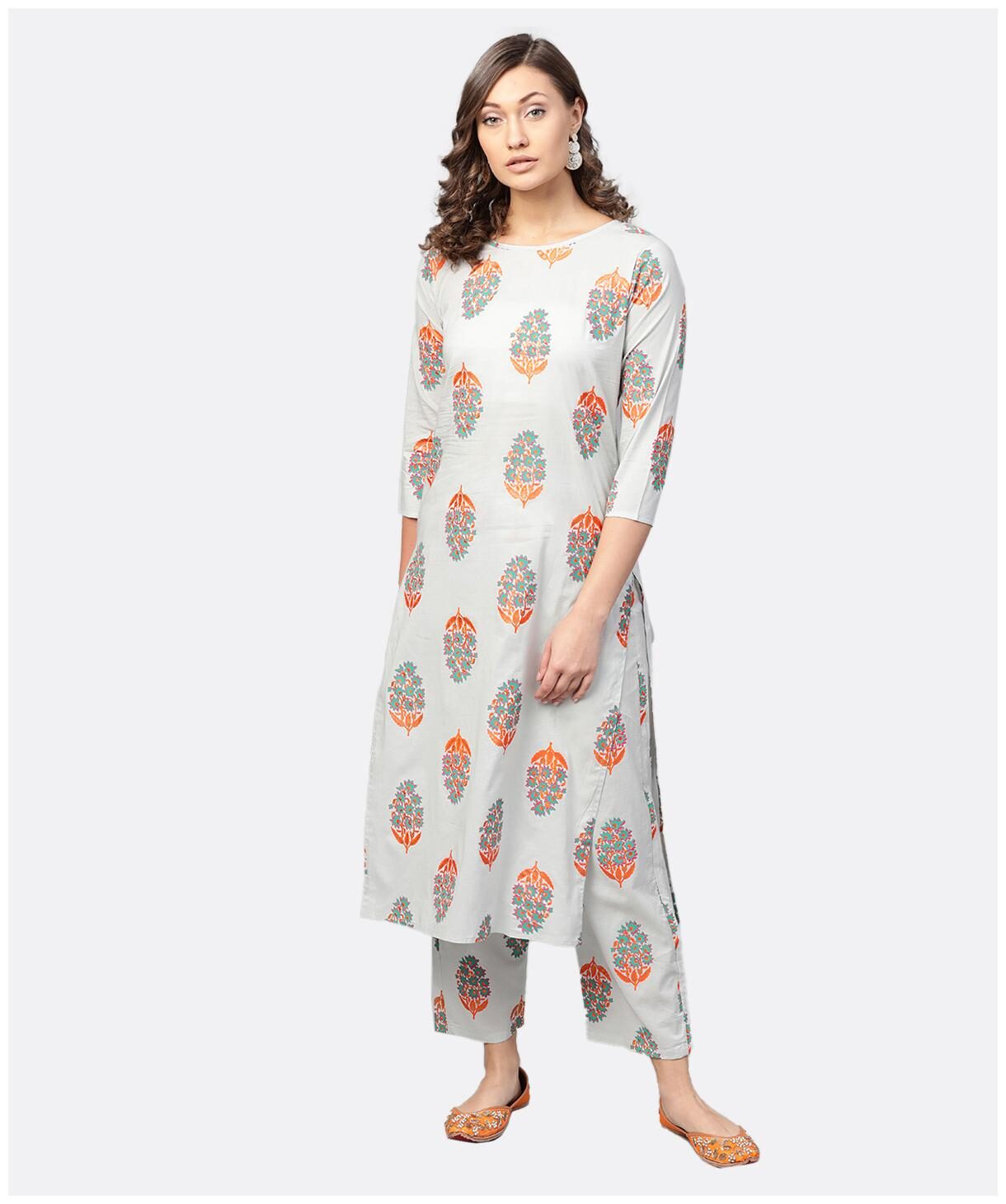 

AASI- HOUSE OF NAYO Women Grey Printed Straight Kurta With Trousers