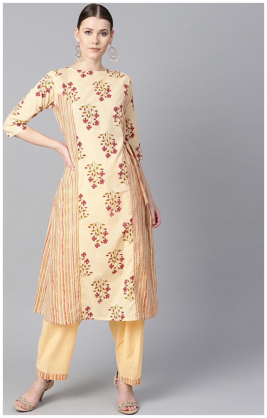 

AASI- HOUSE OF NAYO Cotton Printed Flared Kurti Salwar - Yellow and Beige