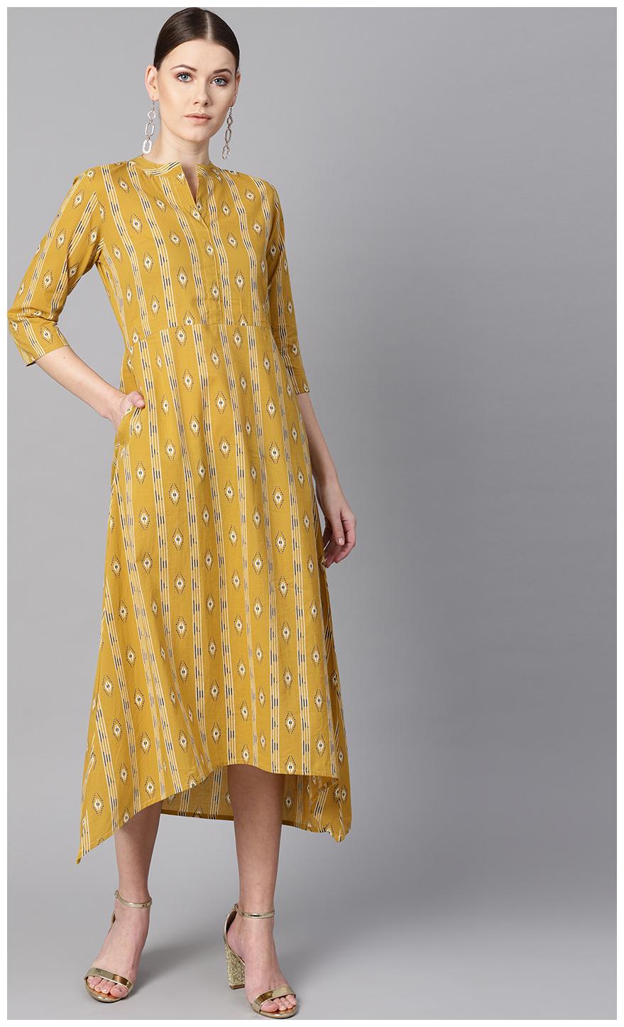 

AASI- HOUSE OF NAYO Cotton Printed Anarkali Kurti Dress- Mustard