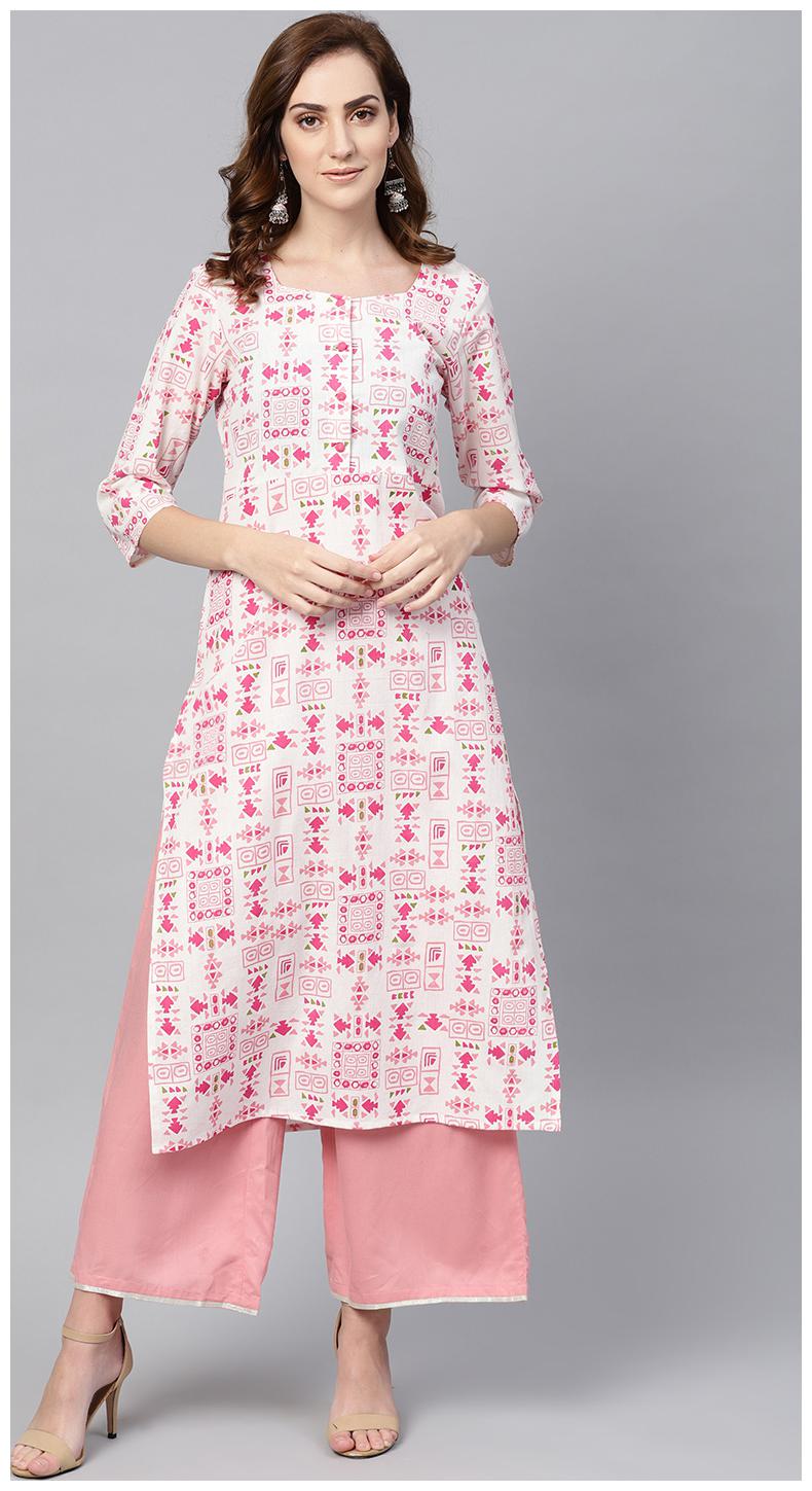 

AASI- HOUSE OF NAYO Women White Pink Printed Straight Kurta