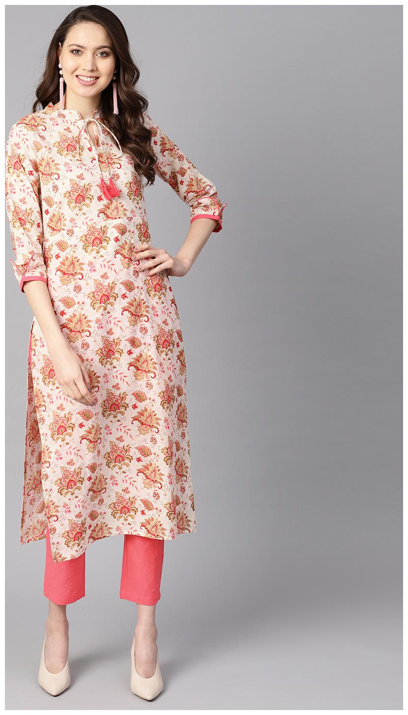 

AASI- HOUSE OF NAYO Women Off White Pink Floral Straight Kurta With Pants
